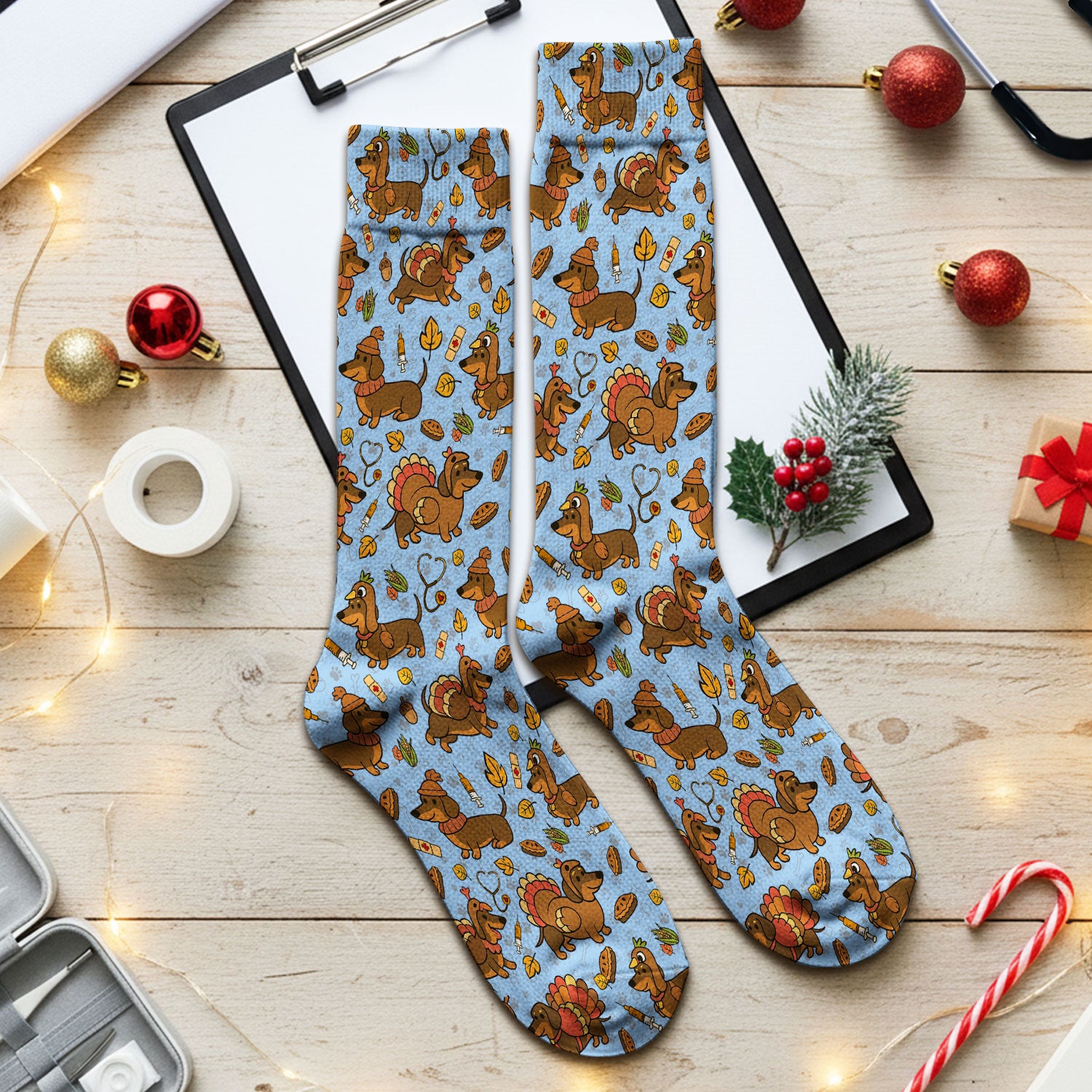 Thanksgiving Wiener Dog Socks for Nurse Doctor - Funny Dachshund Turkey Adult Socks for Men and Women