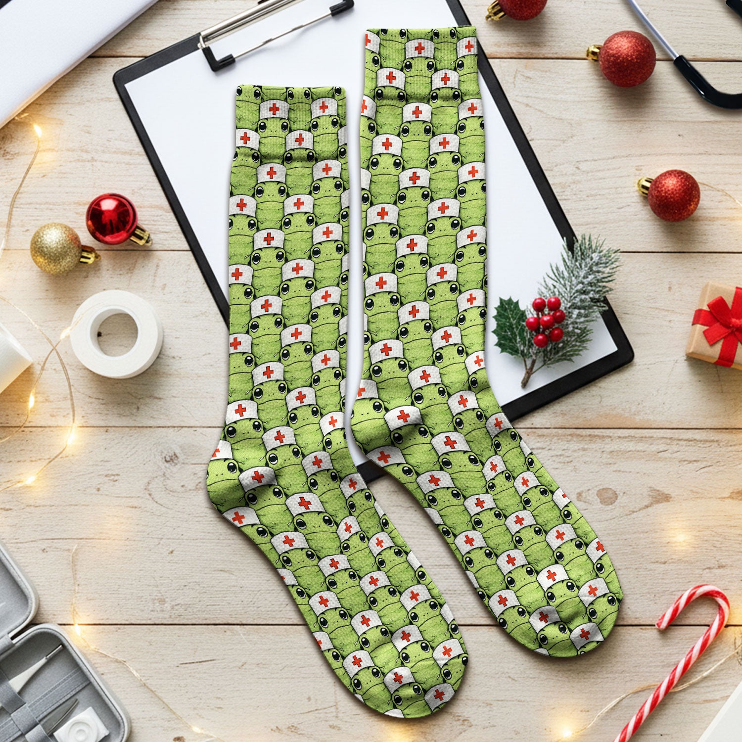 Funny Green Nurse Frog Socks, Breathable Fabrics Medical Uniform