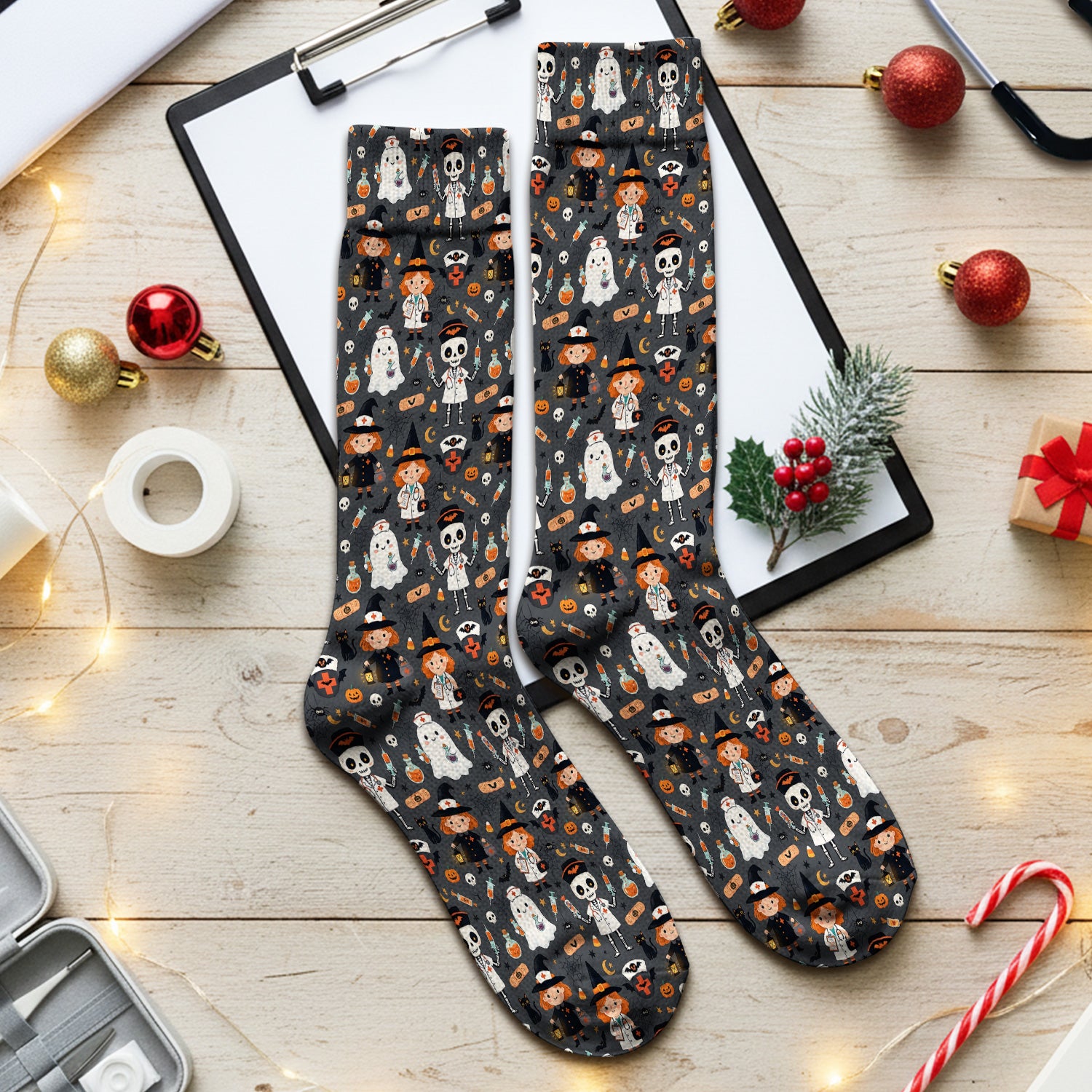 Halloween Witch And Skeleton Nurse Socks, Adult Socks for Men and Women