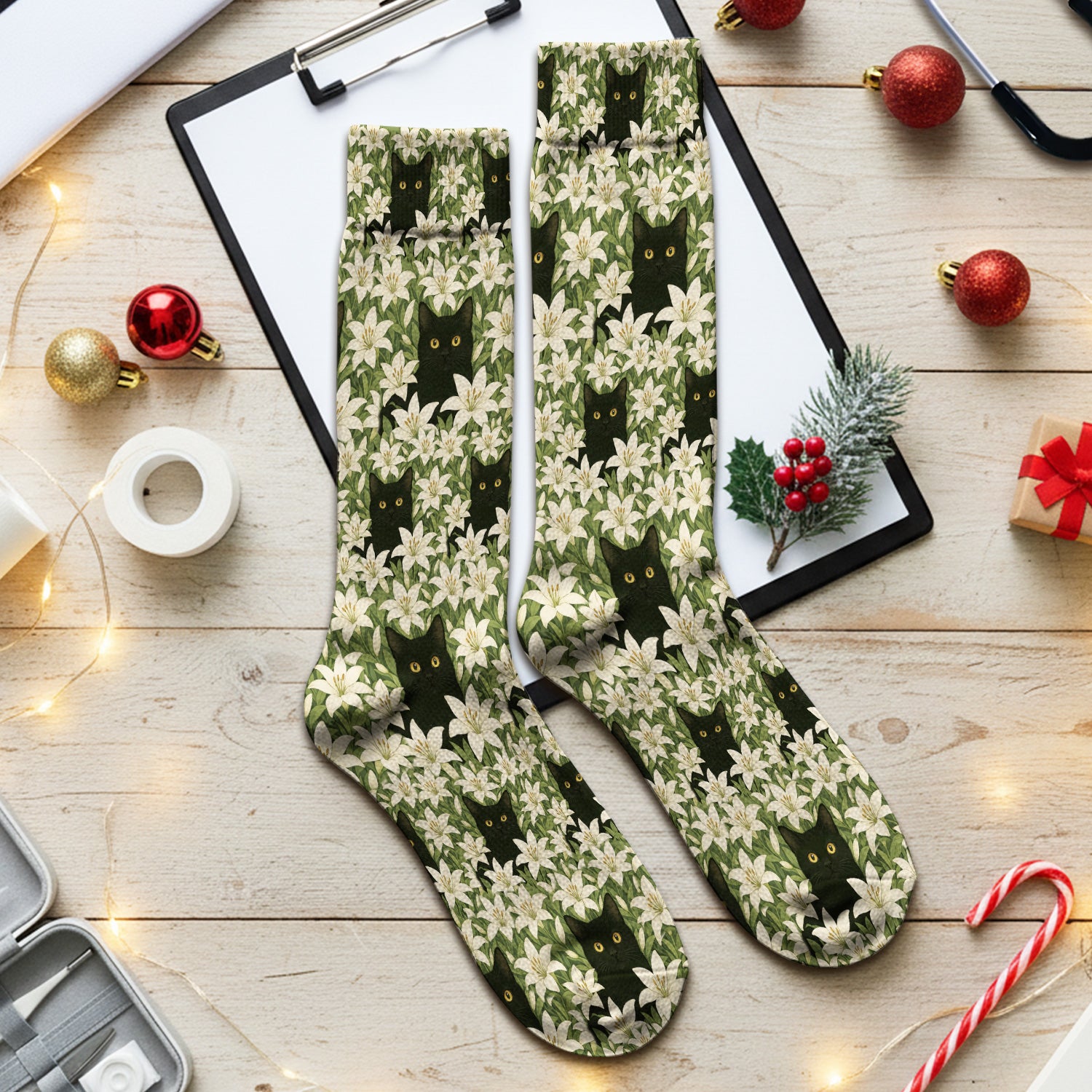 Black Cat Hidden In Lily Garden Pattern Socks, Adult Socks for Men and Women
