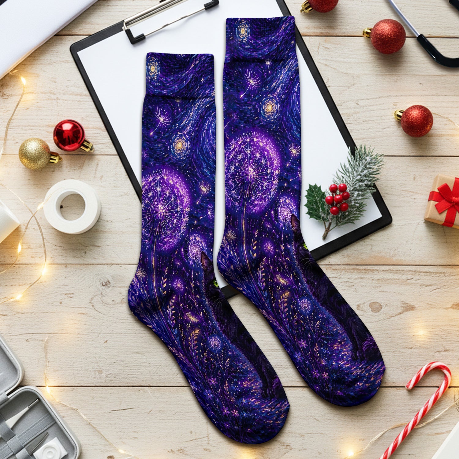 Mystical Black Cat Starry Night Print Socks, Adult Socks for Men and Women