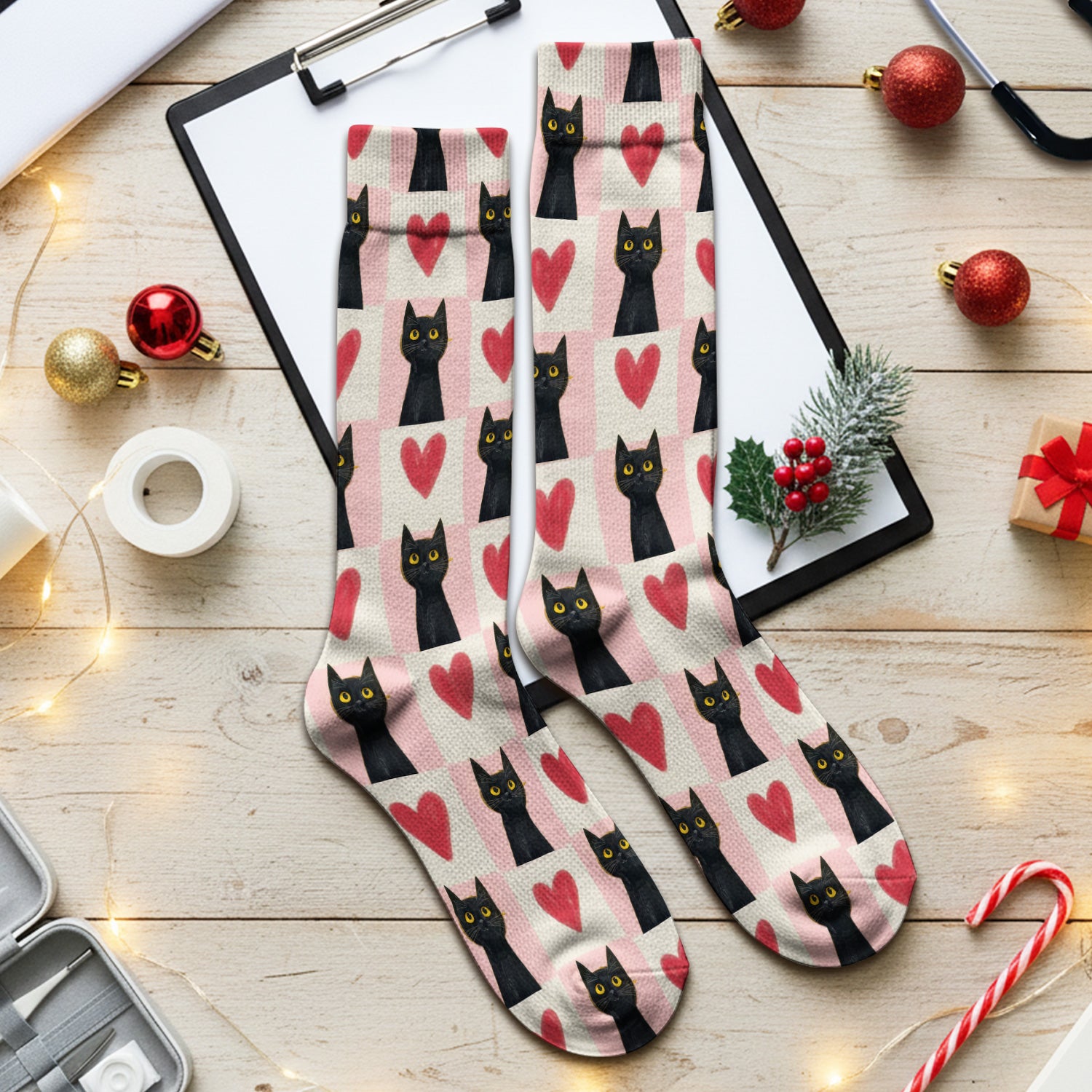 Cute Black Cat Heart Print Crew Socks, Pink Christmas Gift