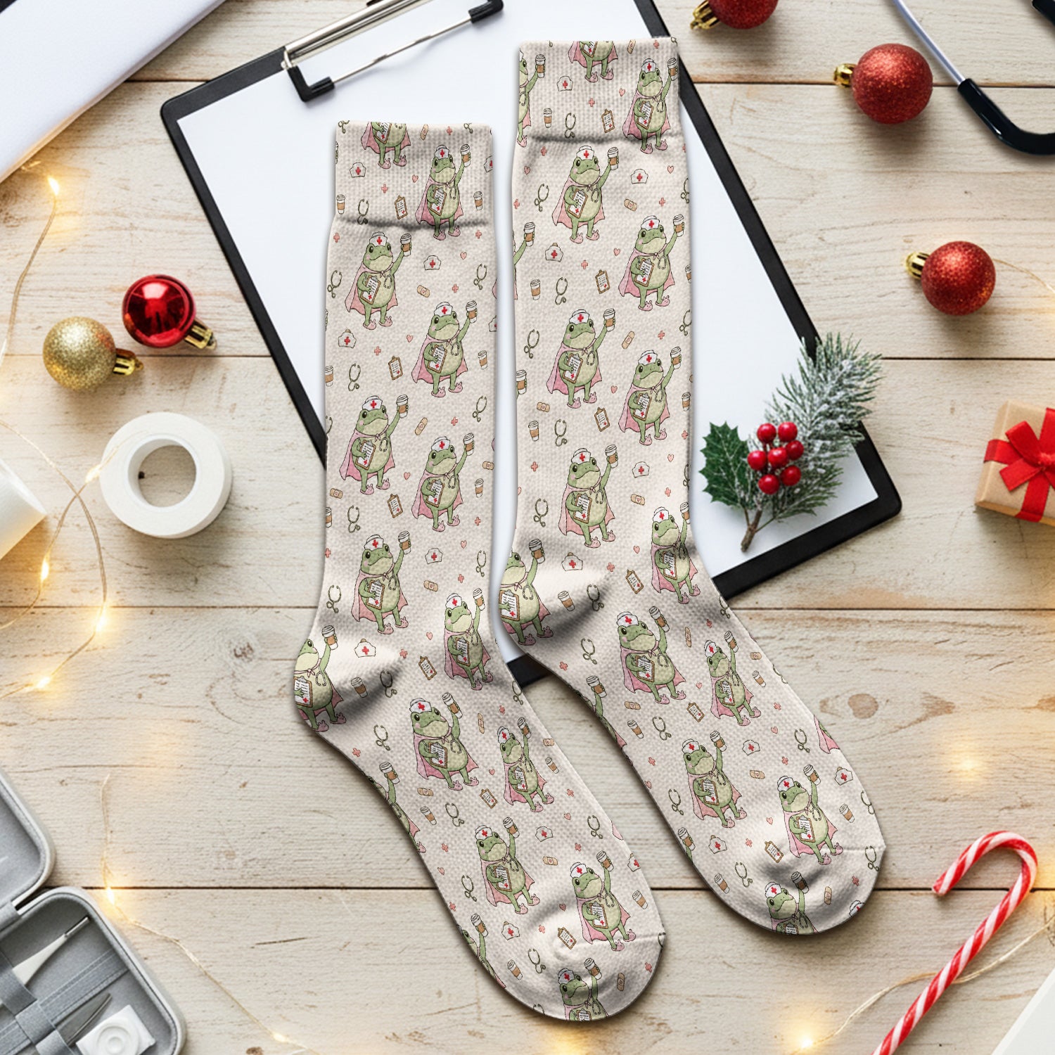 Cute Super Nurse Frog Pattern Socks, Adult Socks for Men and Women
