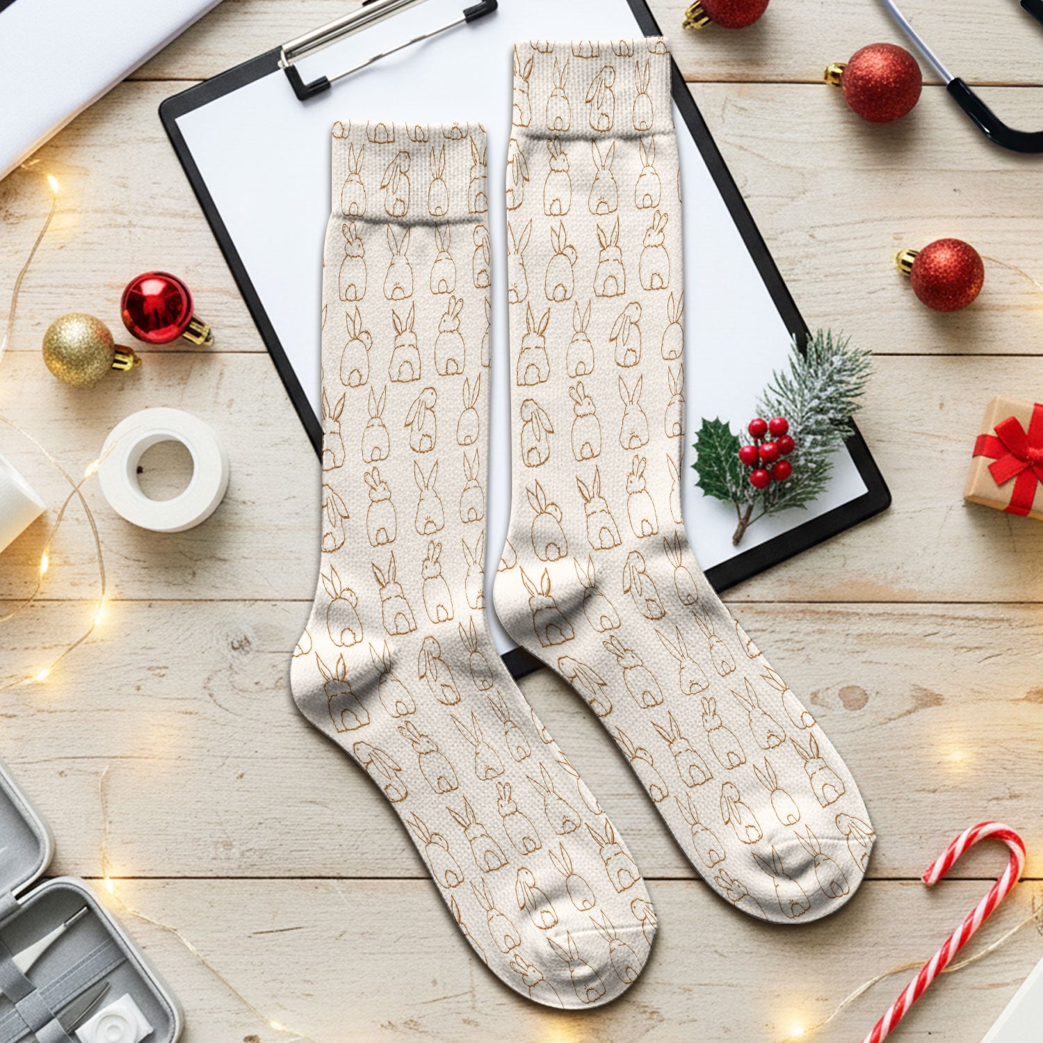 Cartoon Bunny Line Art Pattern Medical Socks, Breathable Fabrics Medical Uniform