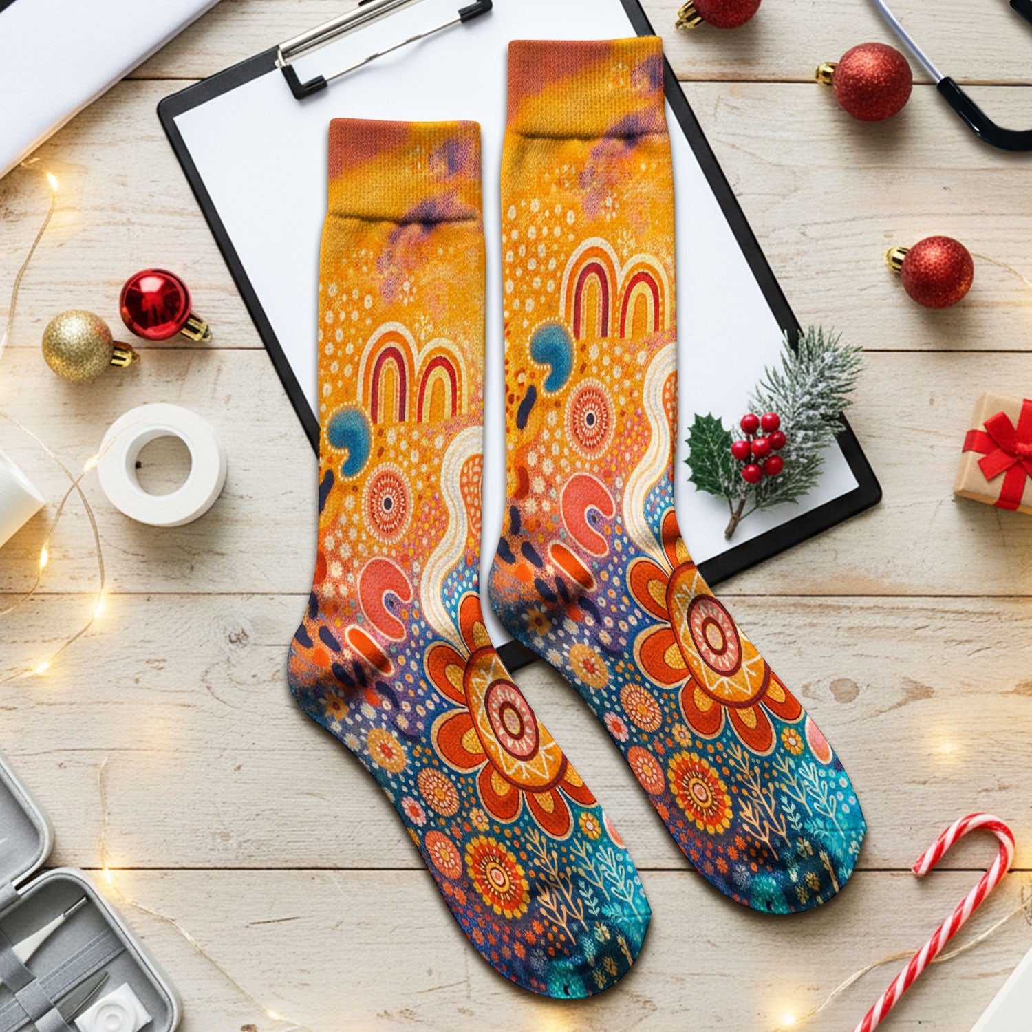 Australian Dot Art Inspired Scrub Socks, Artistic Boho Pattern Nurse Sock, Comfortable Scrubs For Nursing