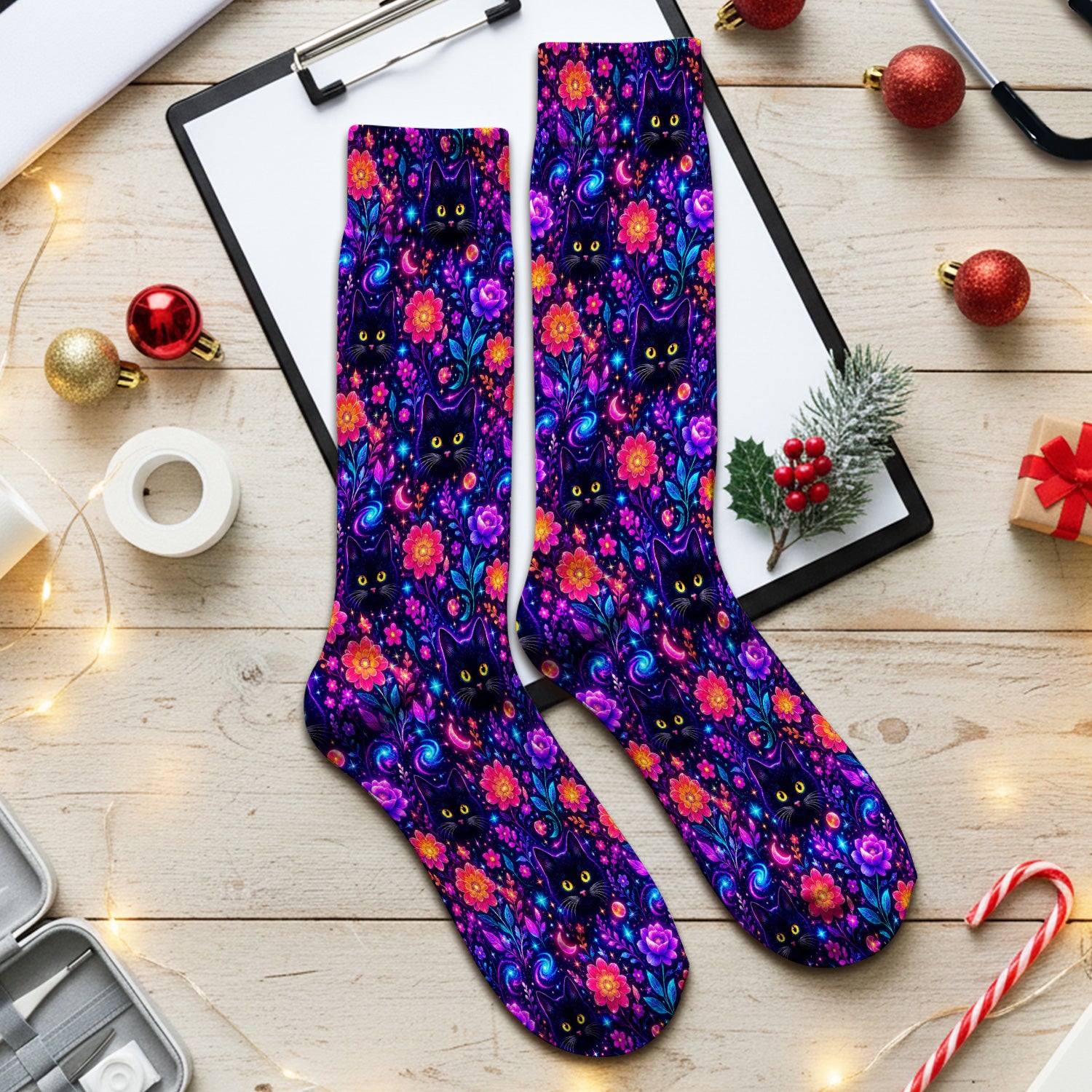 Galaxy Black Cat Floral Pattern Socks, Adult Socks for Men and Women