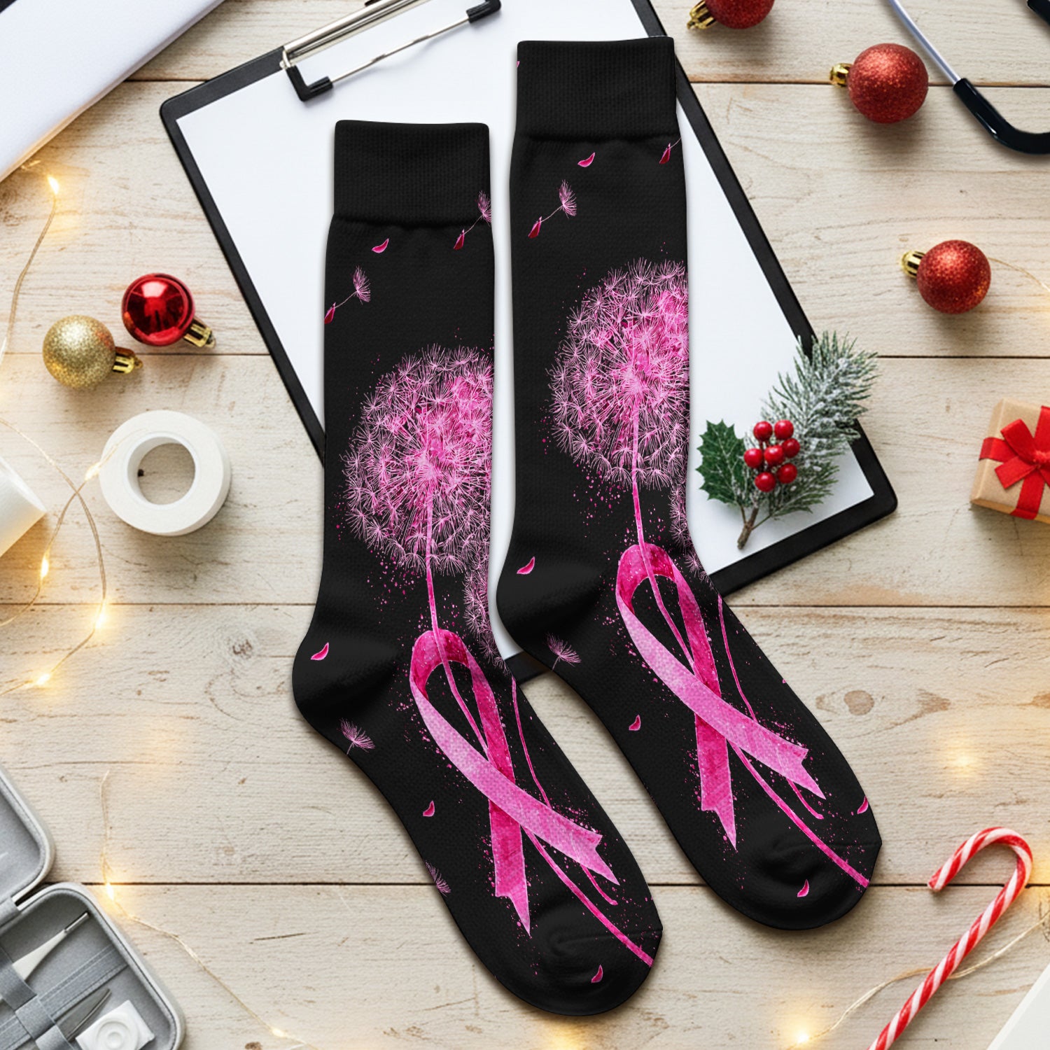 Meaningful Pink Ribbon Dandelion Socks, Adult Socks for Men and Women