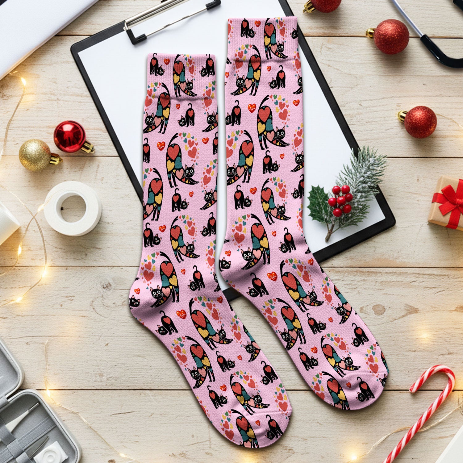 Playful Cat Valentine Heart Print Medical Socks, Socks for Nurse Doctor