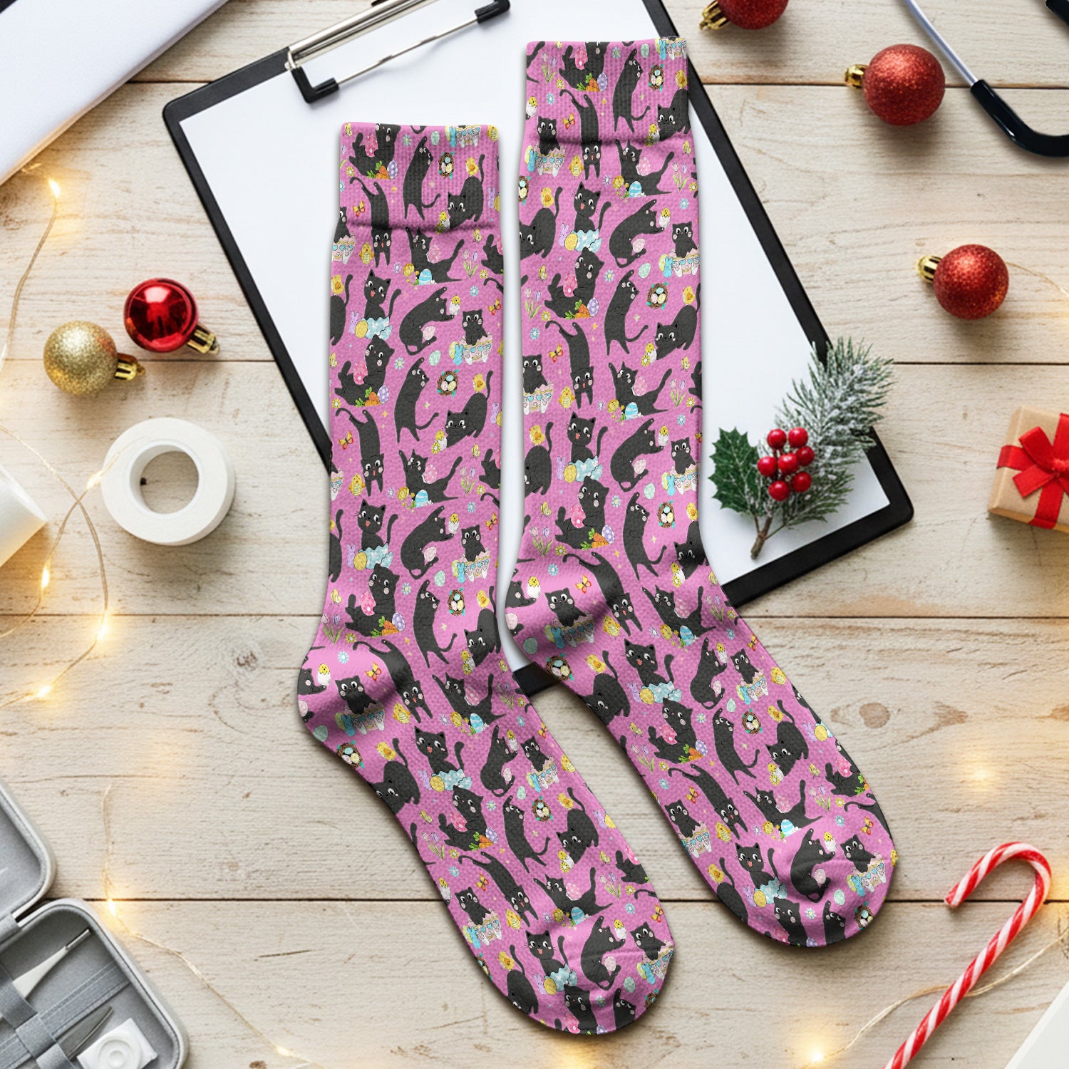 Playful Black Cat Easter Egg Pattern Socks, Breathable Fabrics Medical Uniform