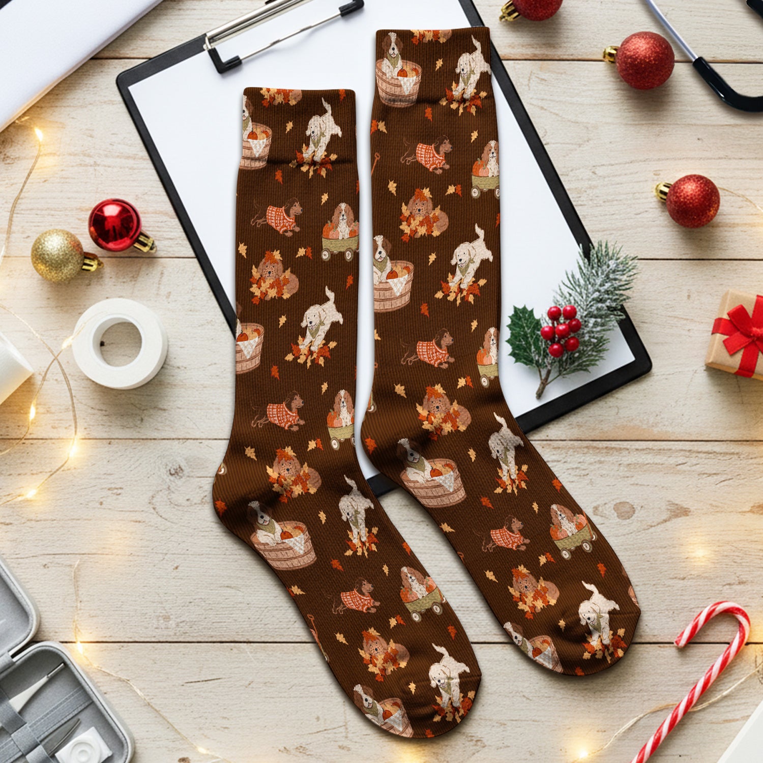 Cute Autumn Dogs And Falling Leaves Socks, Adult Socks for Men and Women