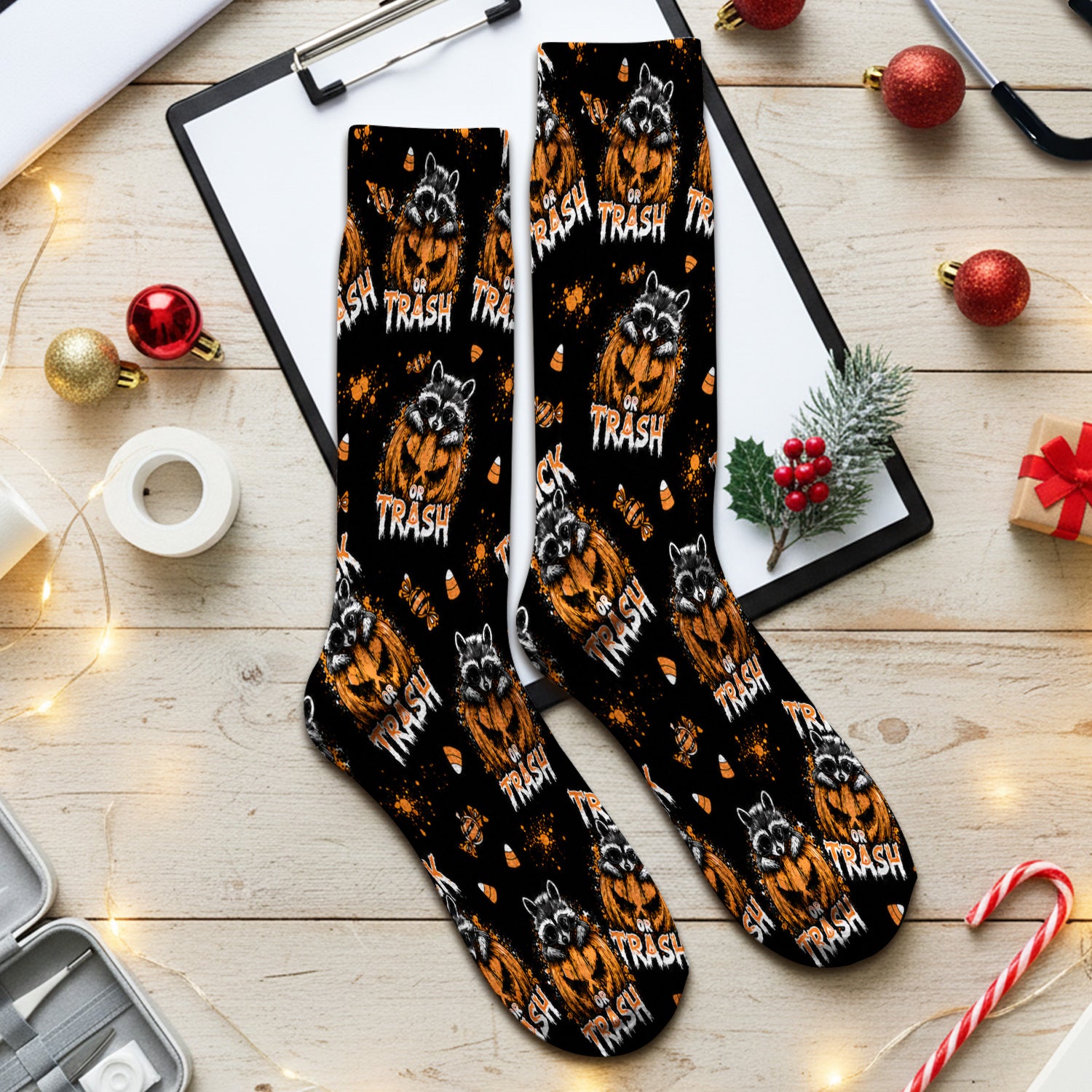 Funny Halloween Trick Or Trash Raccoon Socks, Adult Socks for Men and Women