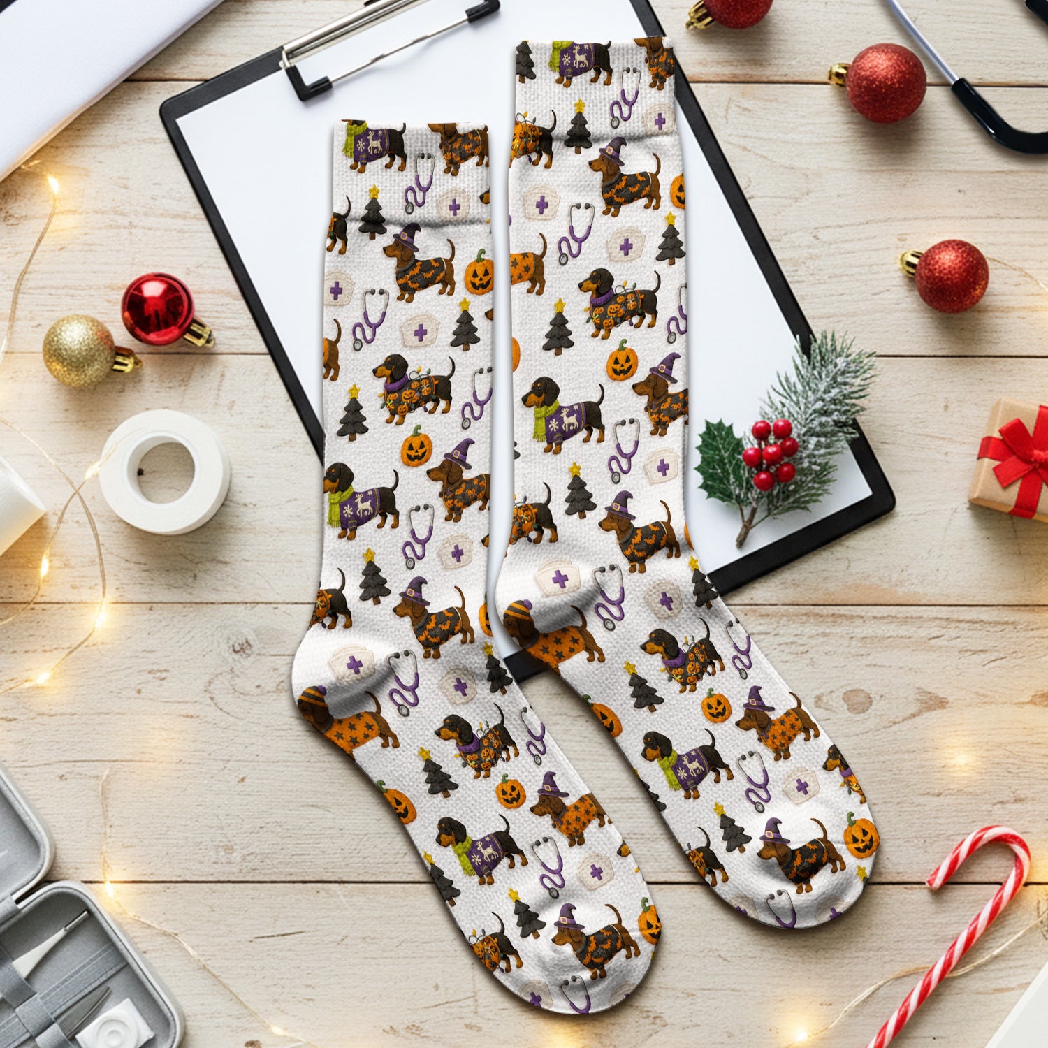 Halloween Dachshund with Pumpkin Stethoscope Print Socks, Adult Socks for Men and Women