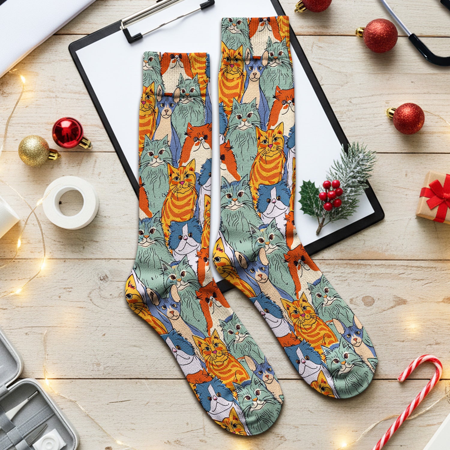 Cute Multicolor Cat Faces Illustration Pattern Nurse Socks, Socks for Nurse Doctor