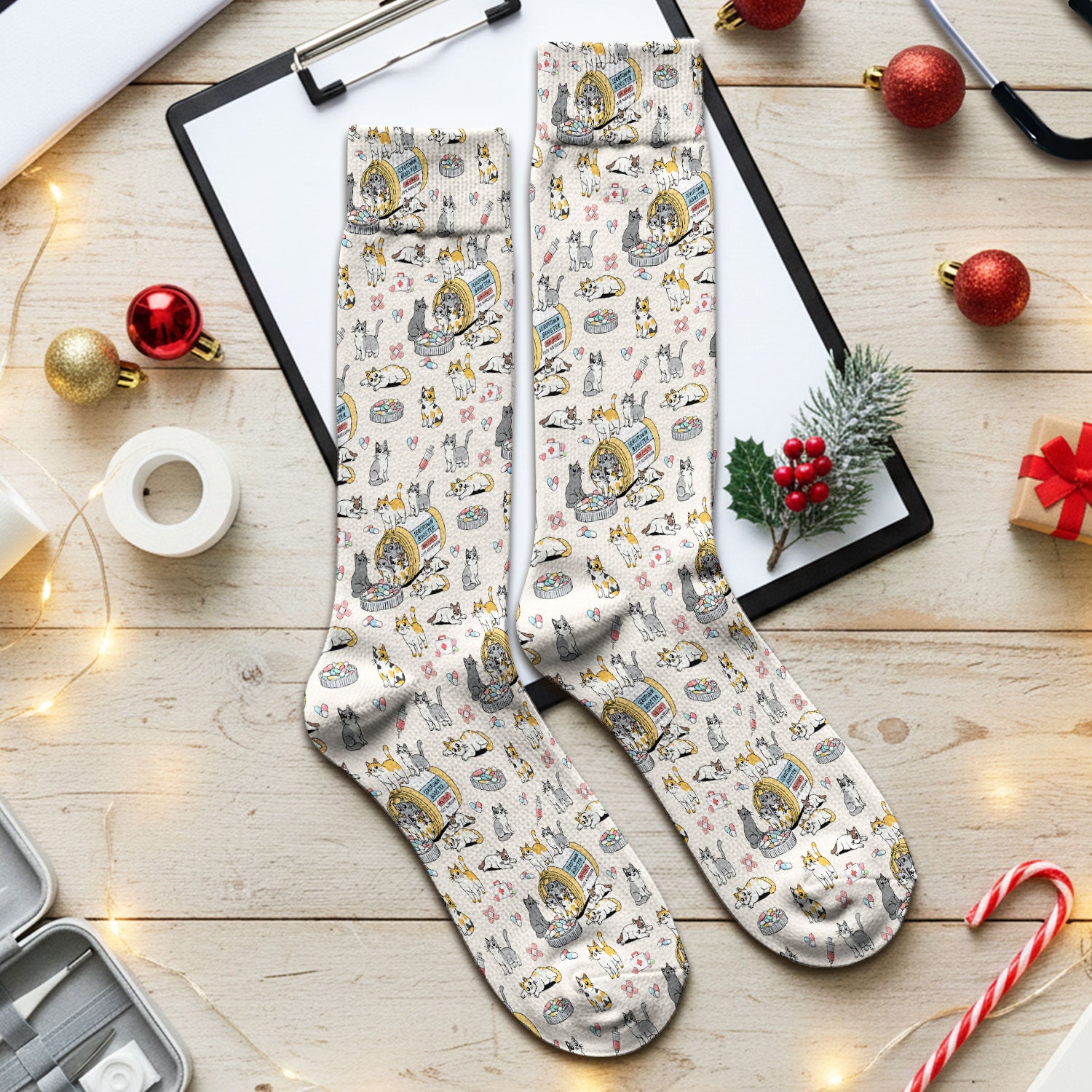 Cute Cat Serotonin Booster Pattern Medical Socks, Breathable Fabrics Medical Uniform