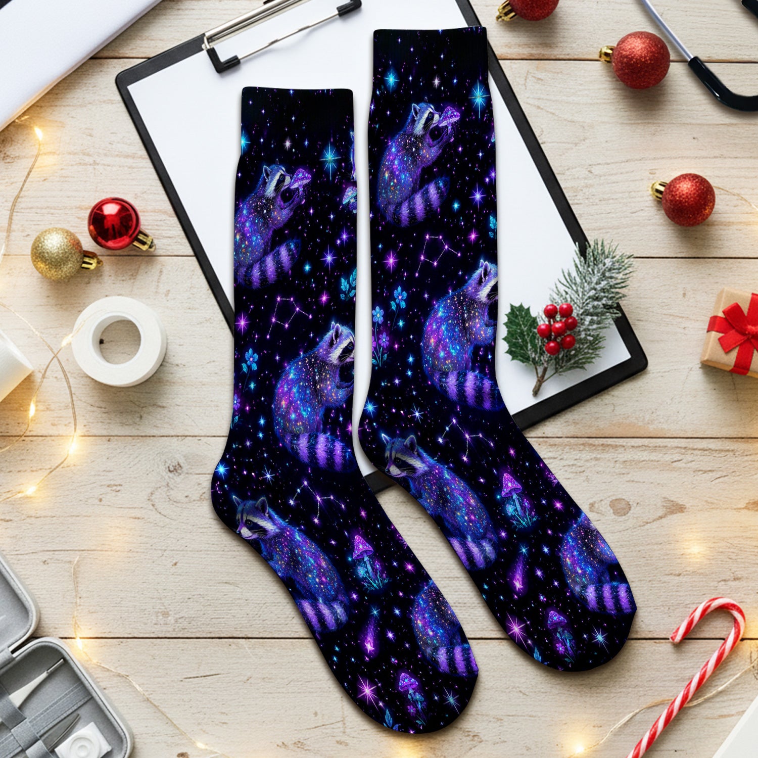 Galaxy Raccoon With Mushroom Night Socks, Adult Socks for Men and Women
