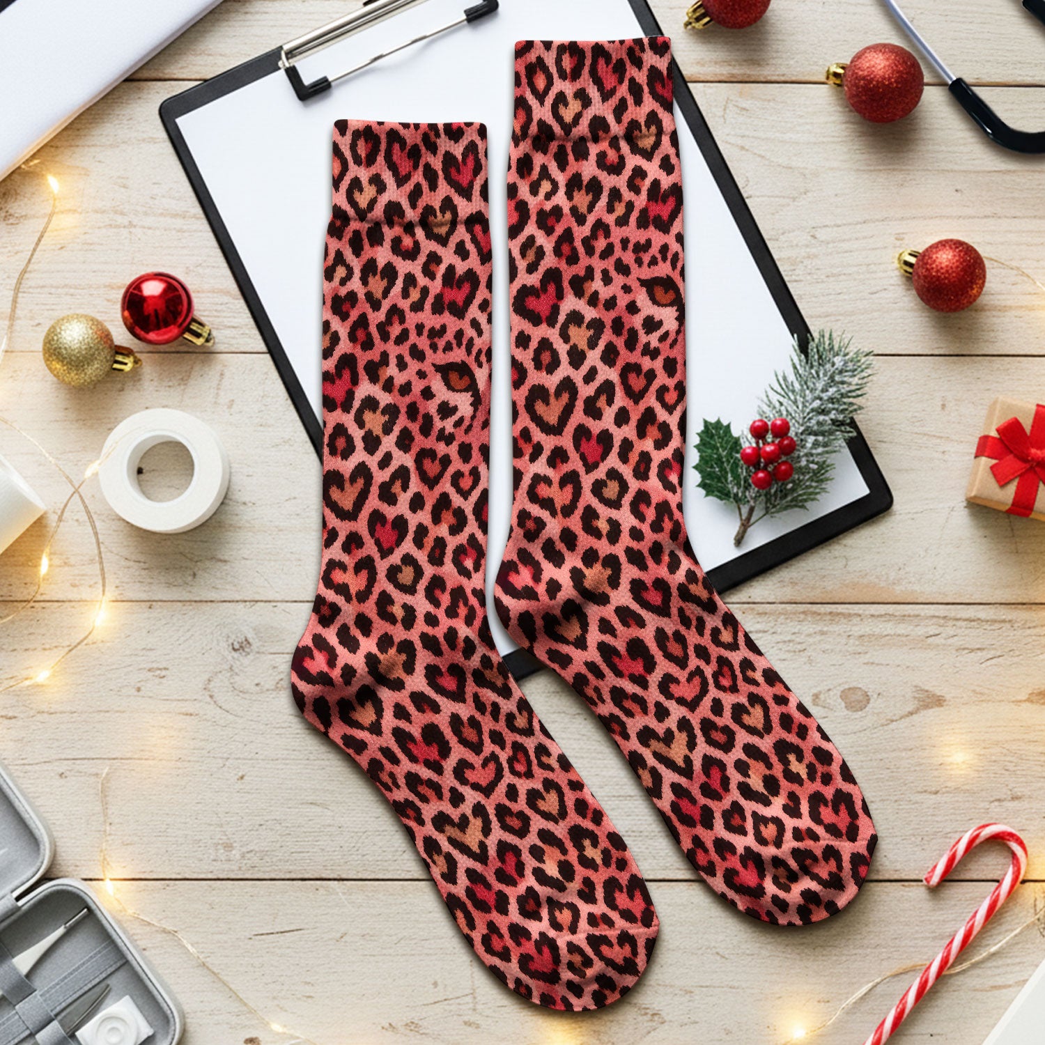 Leopard Pattern Nurse Scrub Socks, Pink Medical Nurses Sock, Breathable Fabrics Nursing Uniform