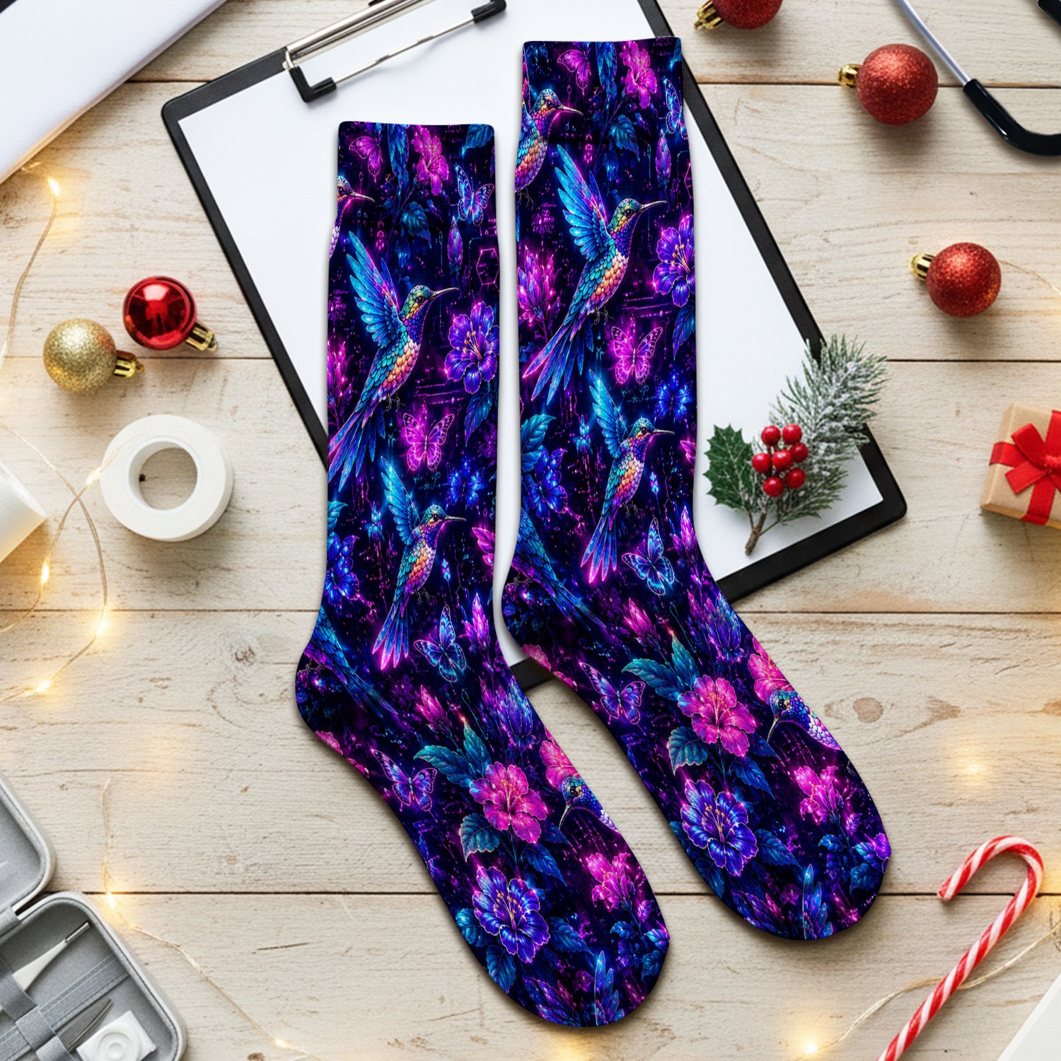 Neon Hummingbird Butterfly Bloom Pattern Socks, Adult Socks for Men and Women