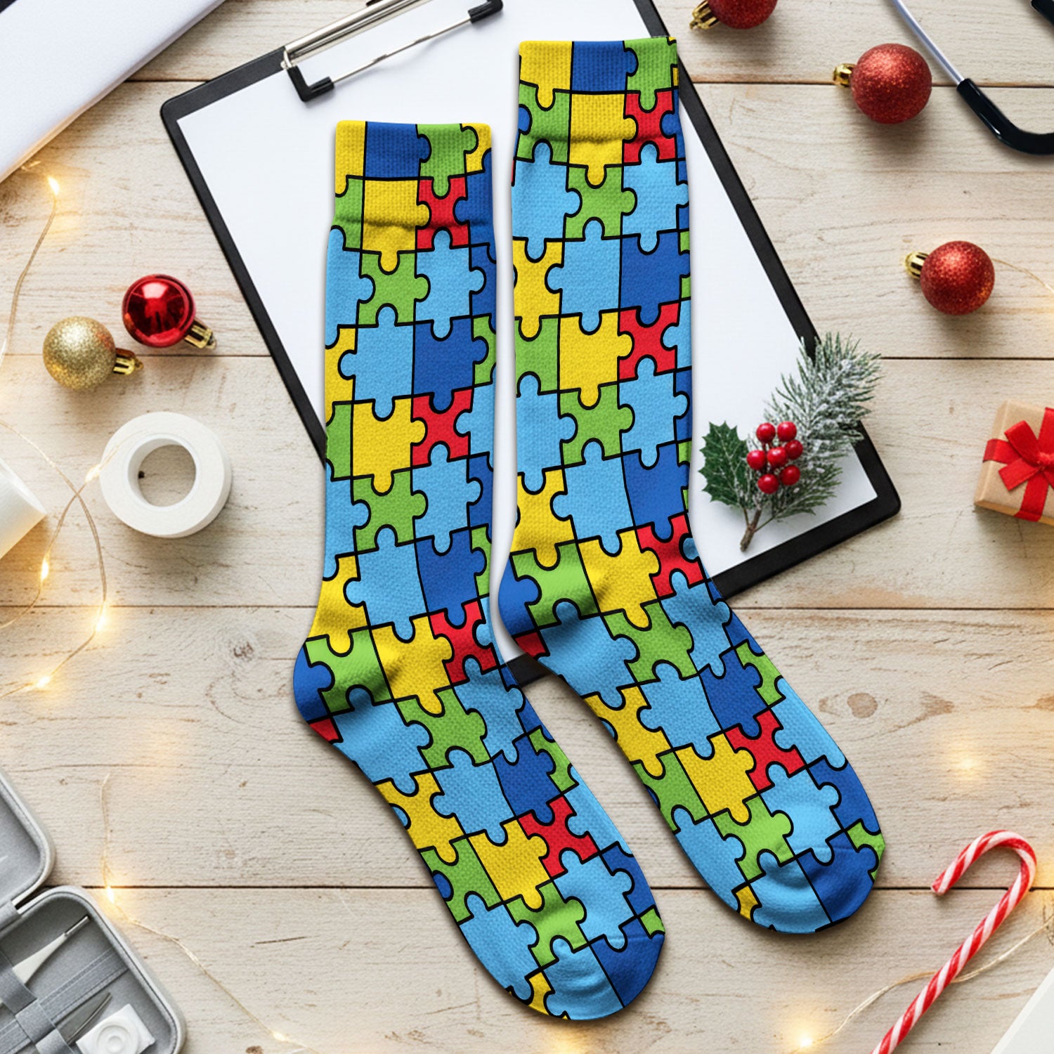 Autism Support Squad Puzzle Ribbon Print Socks, Socks for Nurse Doctor