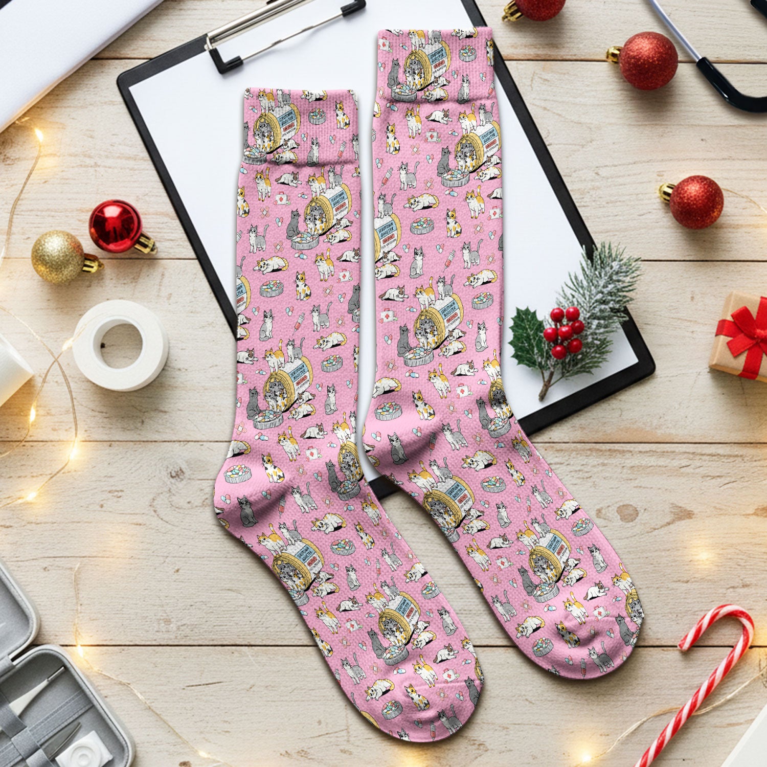 Cute Cat Serotonin Booster Pattern Medical Socks, Breathable Fabrics Medical Uniform
