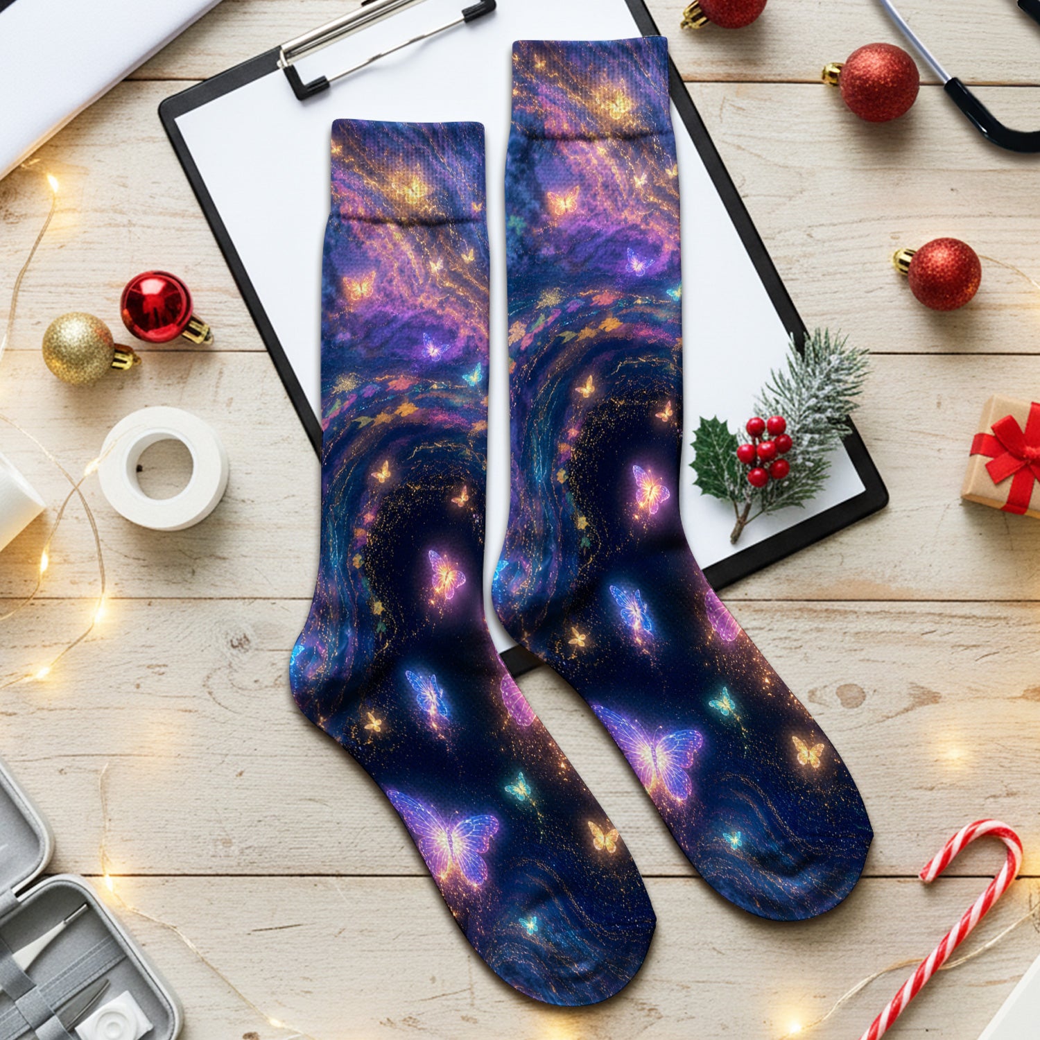 Neon Butterfly Galaxy Marble Print Socks, Adult Socks for Men and Women