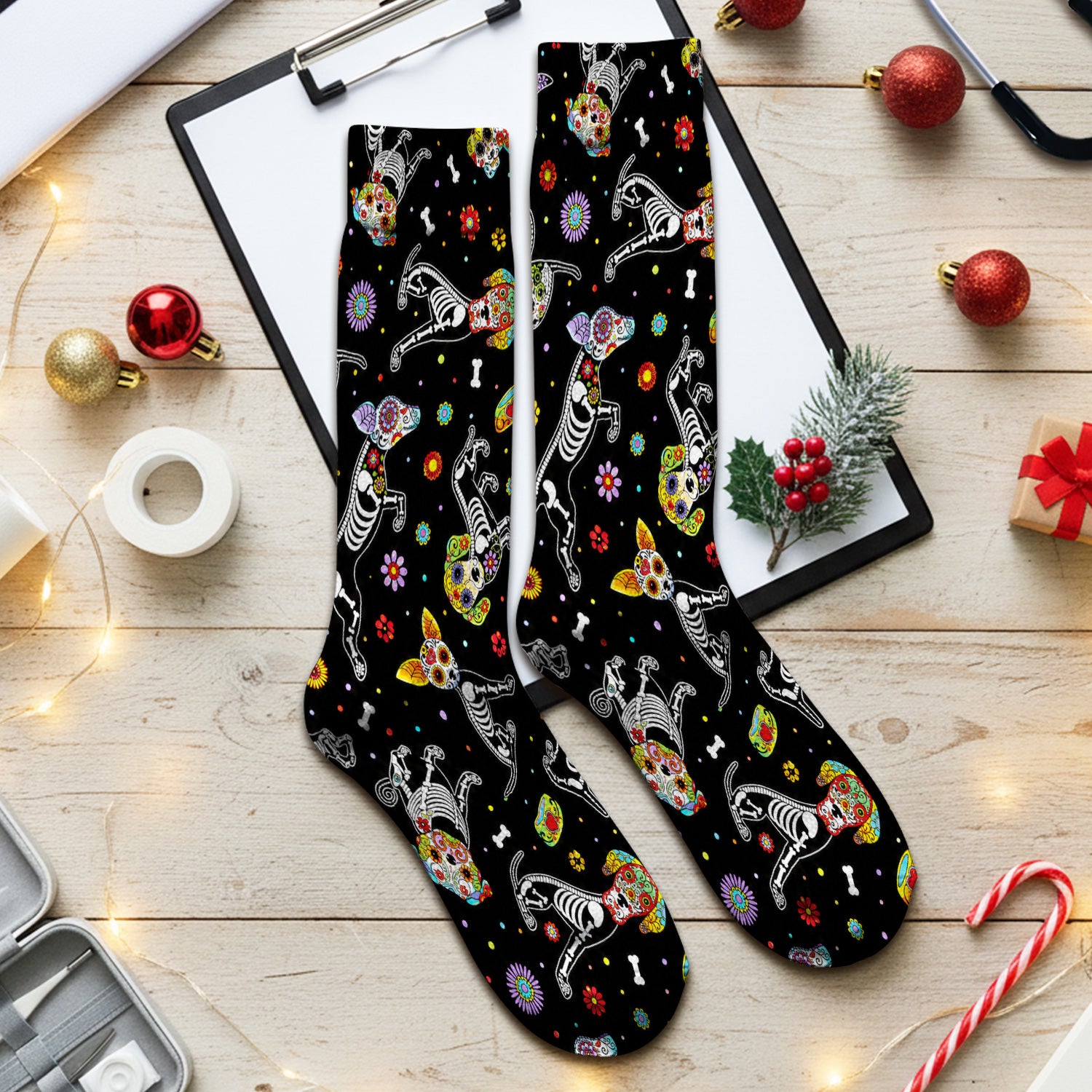 Colorful Day Of The Dead Dogs Socks, Adult Socks for Men and Women