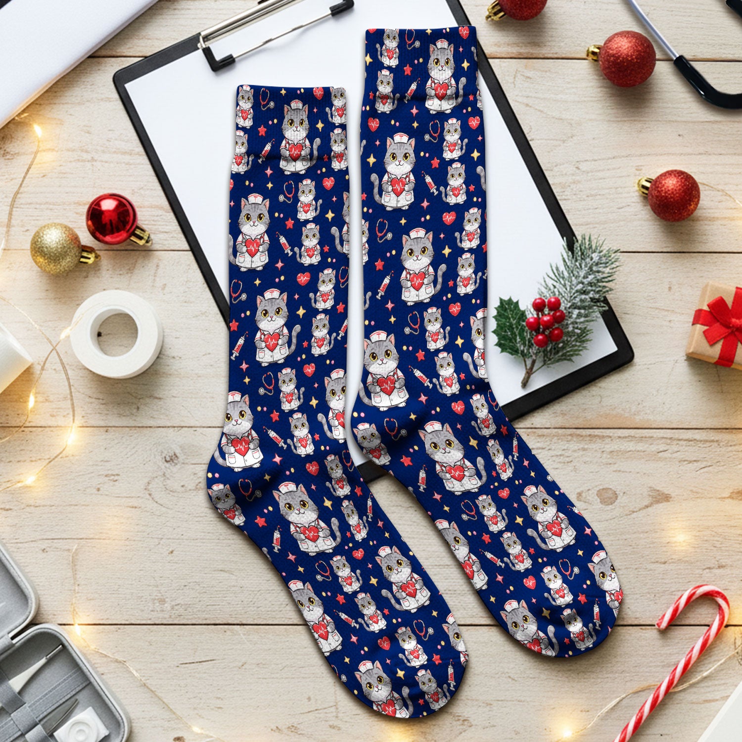 Cute Nurse Cat Heart Medical Print Socks, Adult Socks for Men and Women