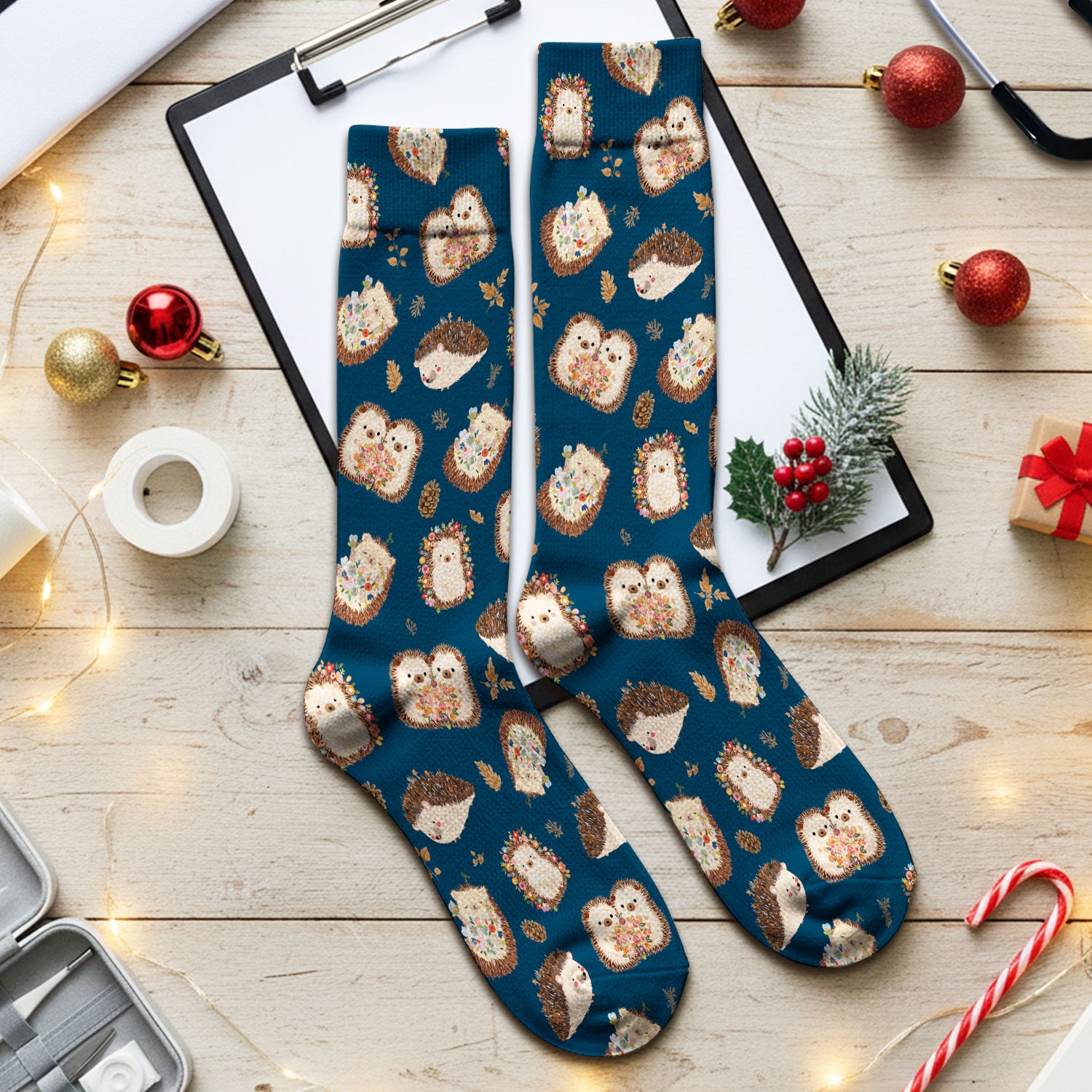 Cute Hedgehog Floral Socks, Breathable Fabrics Medical Uniform