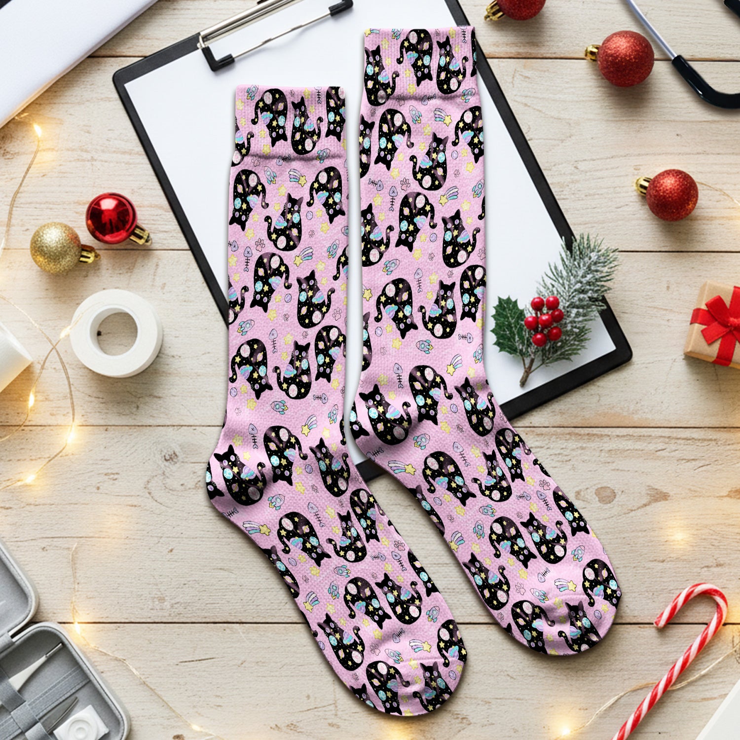 Galaxy Black Cat Space Pattern Socks, Breathable Fabrics Medical Uniform