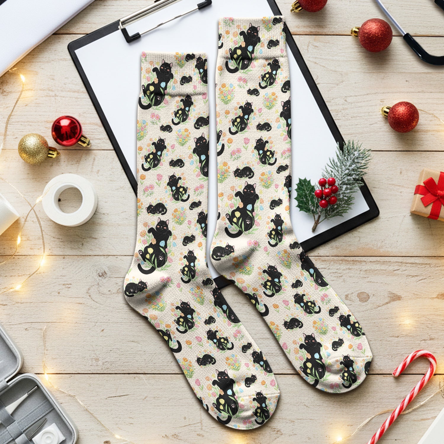 Cats With Cute Poses Floral Pattern Socks, Adult Socks for Men and Women