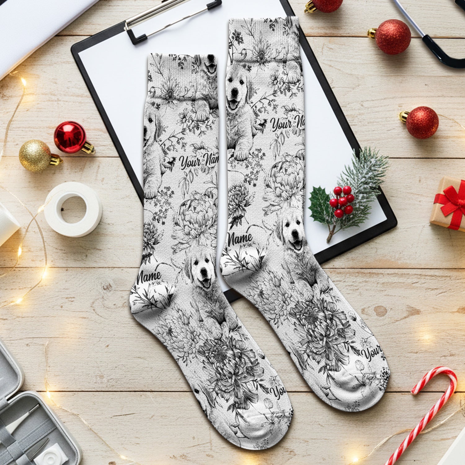 Personalized Custom Pet Photo Name Floral Pattern Socks, Adult Socks for Men and Women