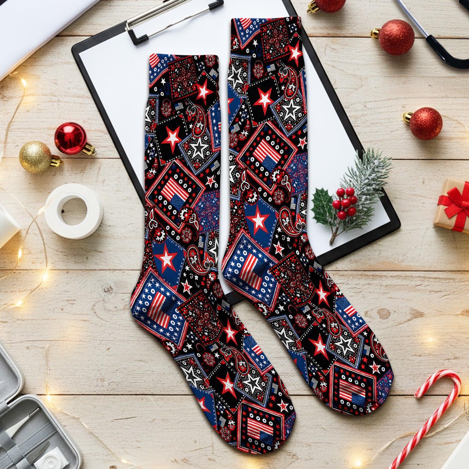 Patriotic Bandana With USA Flag Pattern Socks, Adult Socks for Men and Women