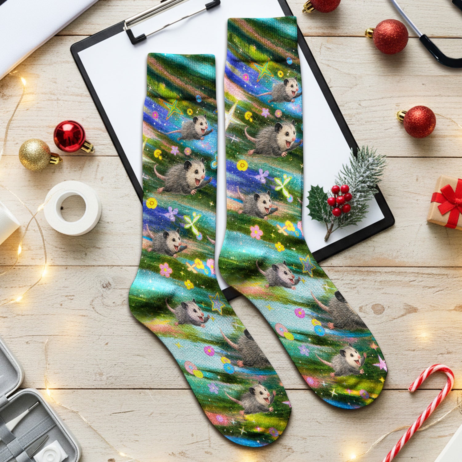 Colorful Opossum Rainbow Stars Print Socks, Adult Socks for Men and Women