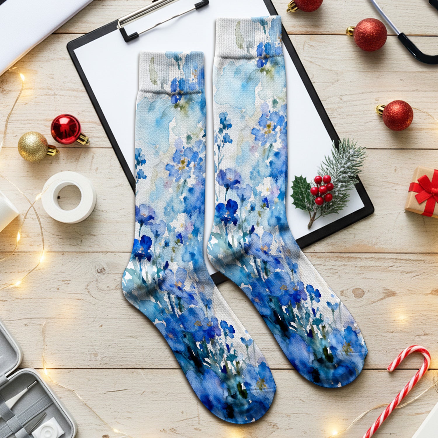 Adorable Blue Floral White Cat Pattern Socks, Adult Socks for Men and Women