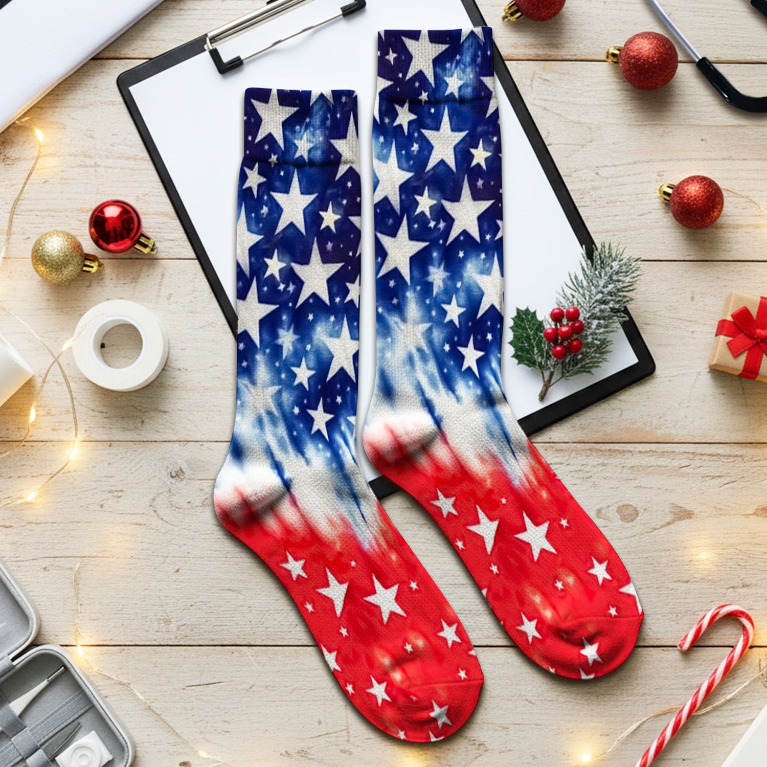 Patriotic Stars Tie Dye Pattern Socks, Adult Socks for Men and Women