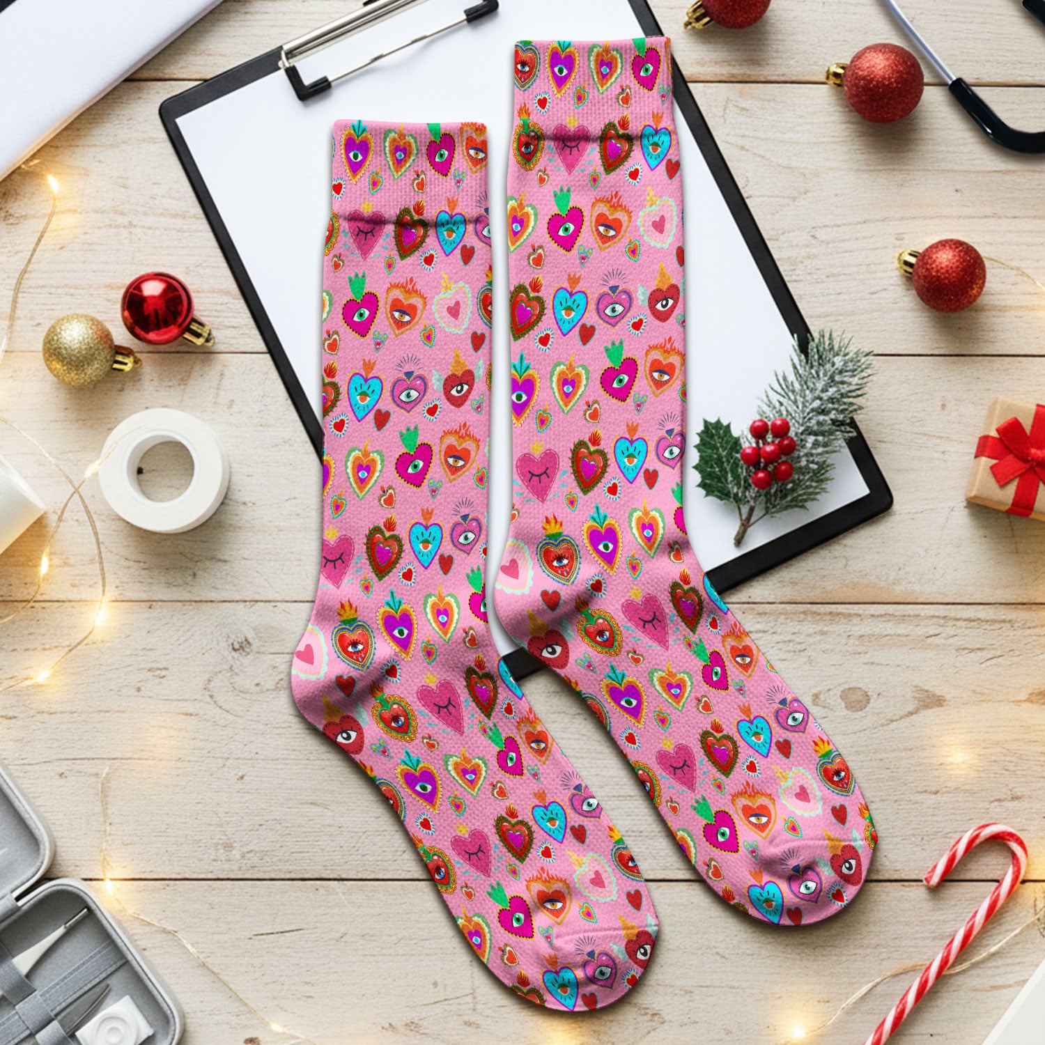 Valentine Colorful Sacred Heart Print Medical Socks, Breathable Fabrics Medical Uniform