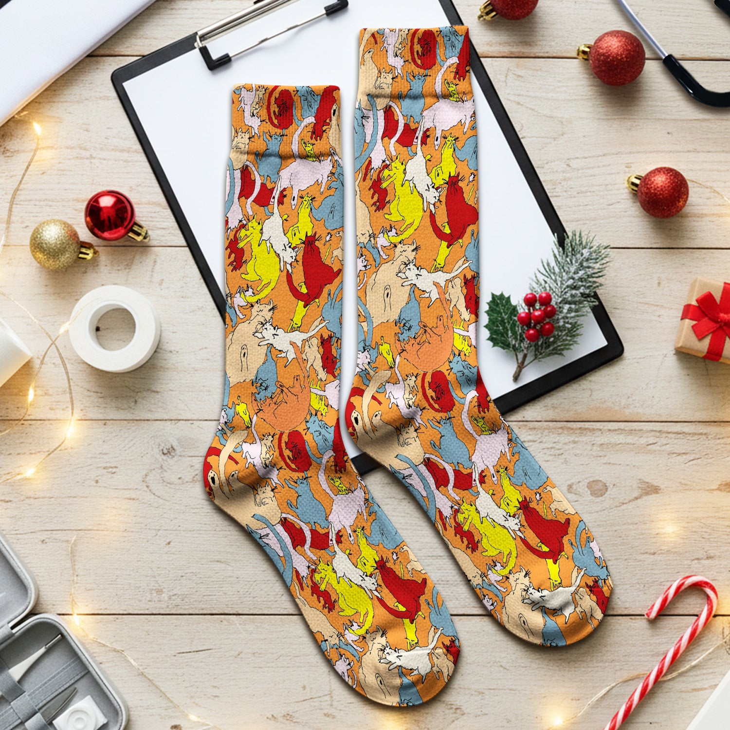 Colorful Cat Chaos Illustration Pattern Socks, Adult Socks for Men and Women