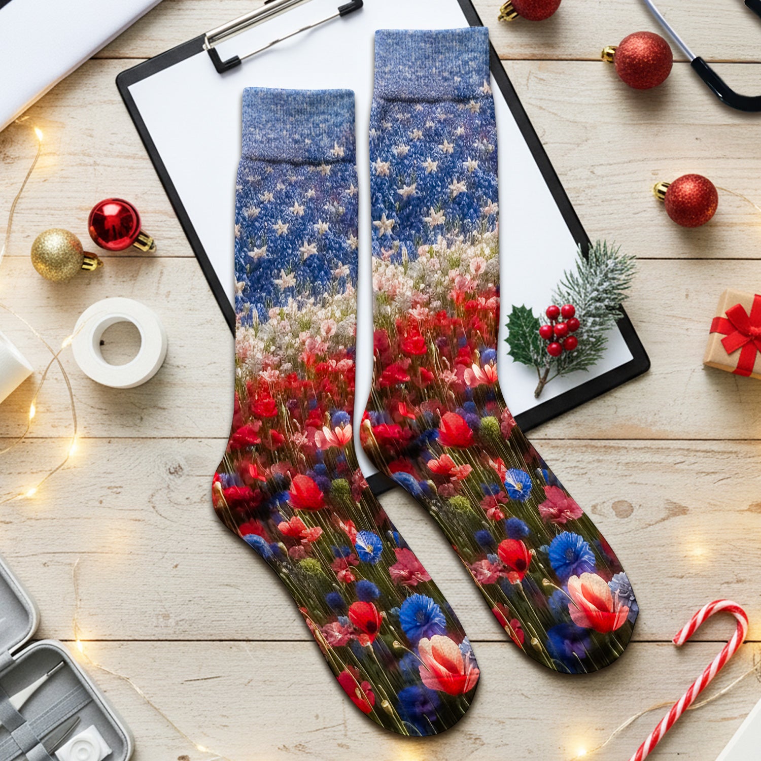 Festive Nurse American Flag Wildflower Field Socks, Adult Socks for Men and Women