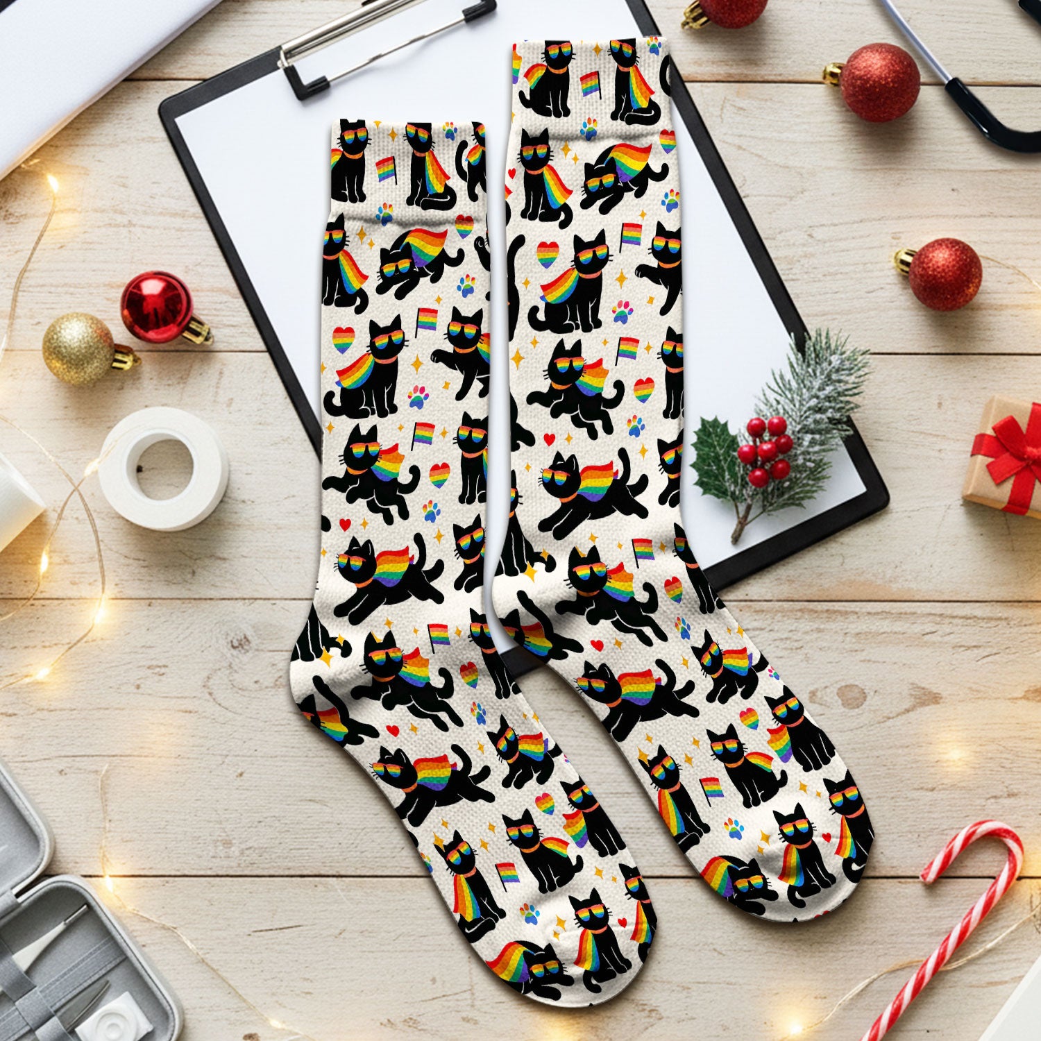 Rainbow Black Cat Pride Pattern Socks, Breathable Fabrics Medical Uniform