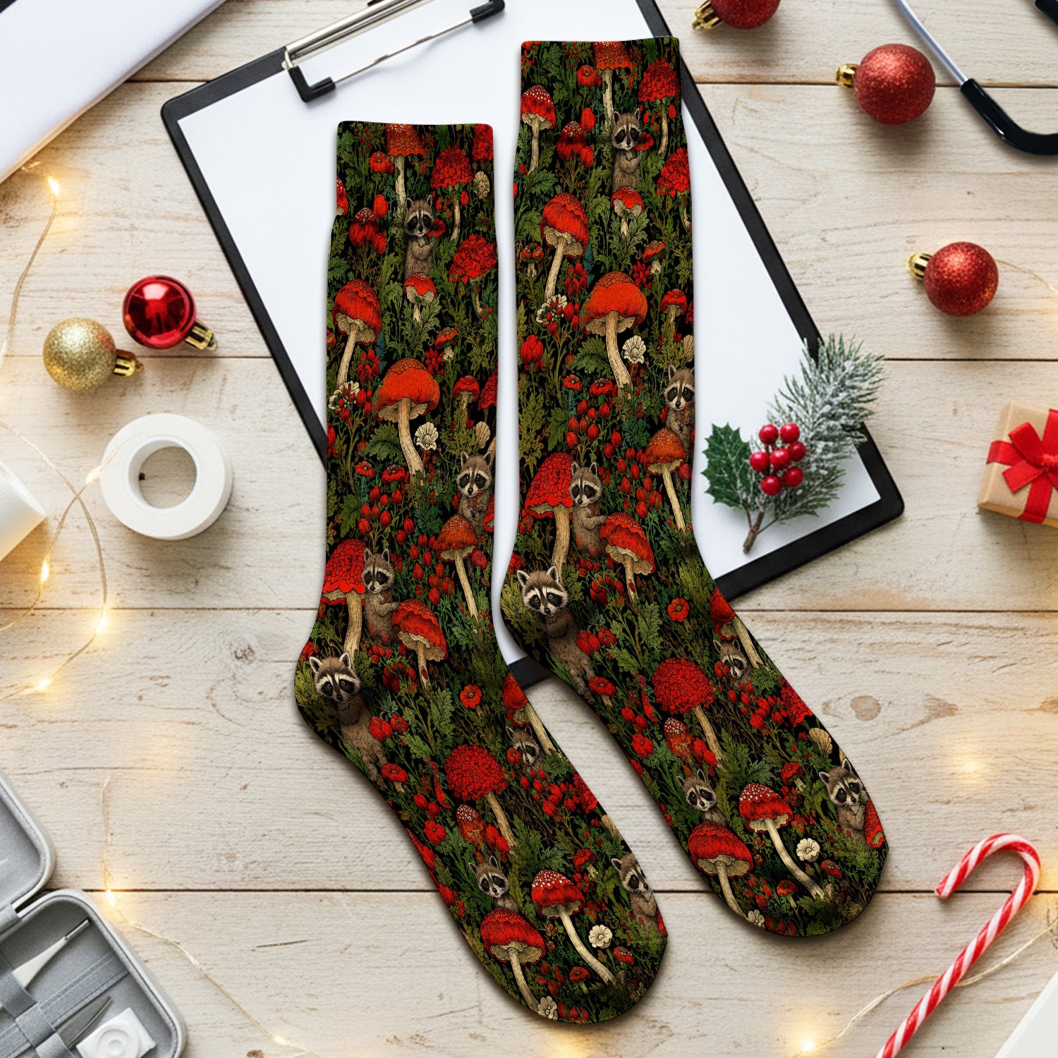 Woodland Raccoon Red Mushroom Pattern Socks, Adult Socks for Men and Women