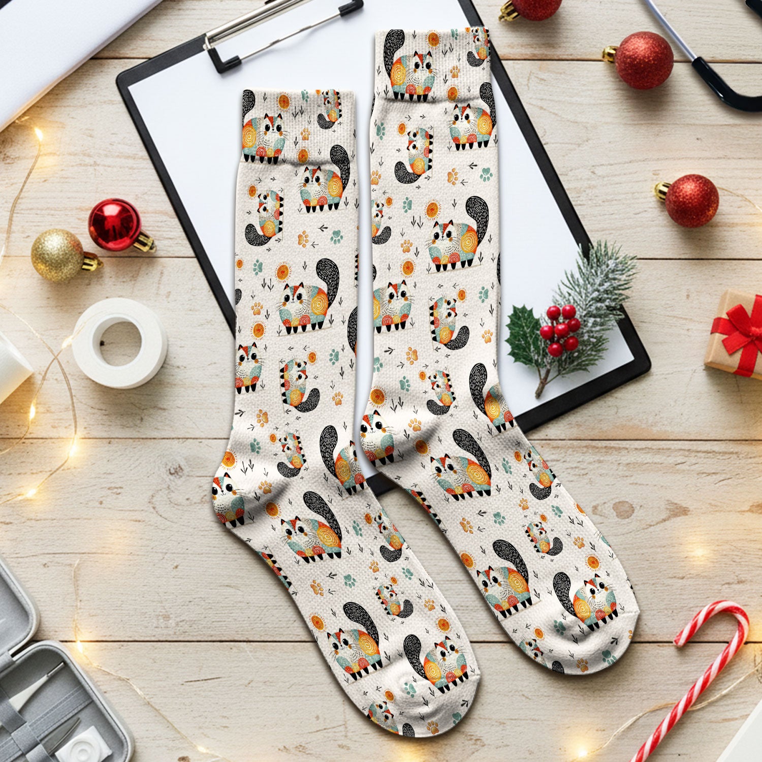Playful Cat Illustration Medical Socks, Socks for Nurse Doctor