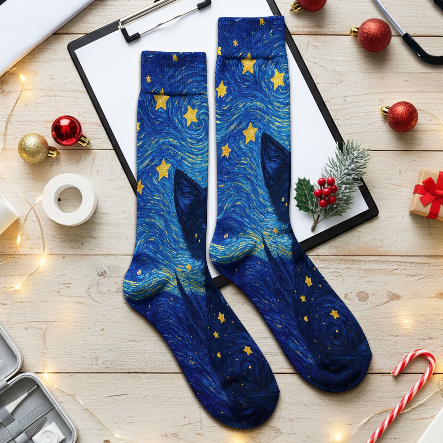 Black Cat Starry Night Pattern Print Socks, Adult Socks for Men and Women