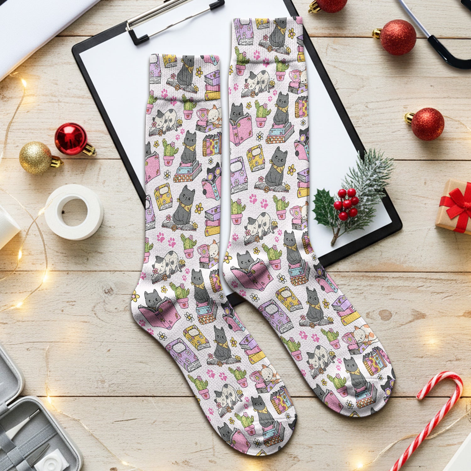 Cute Cat Book Cactus Seamless Pattern Socks, Adult Socks for Men and Women