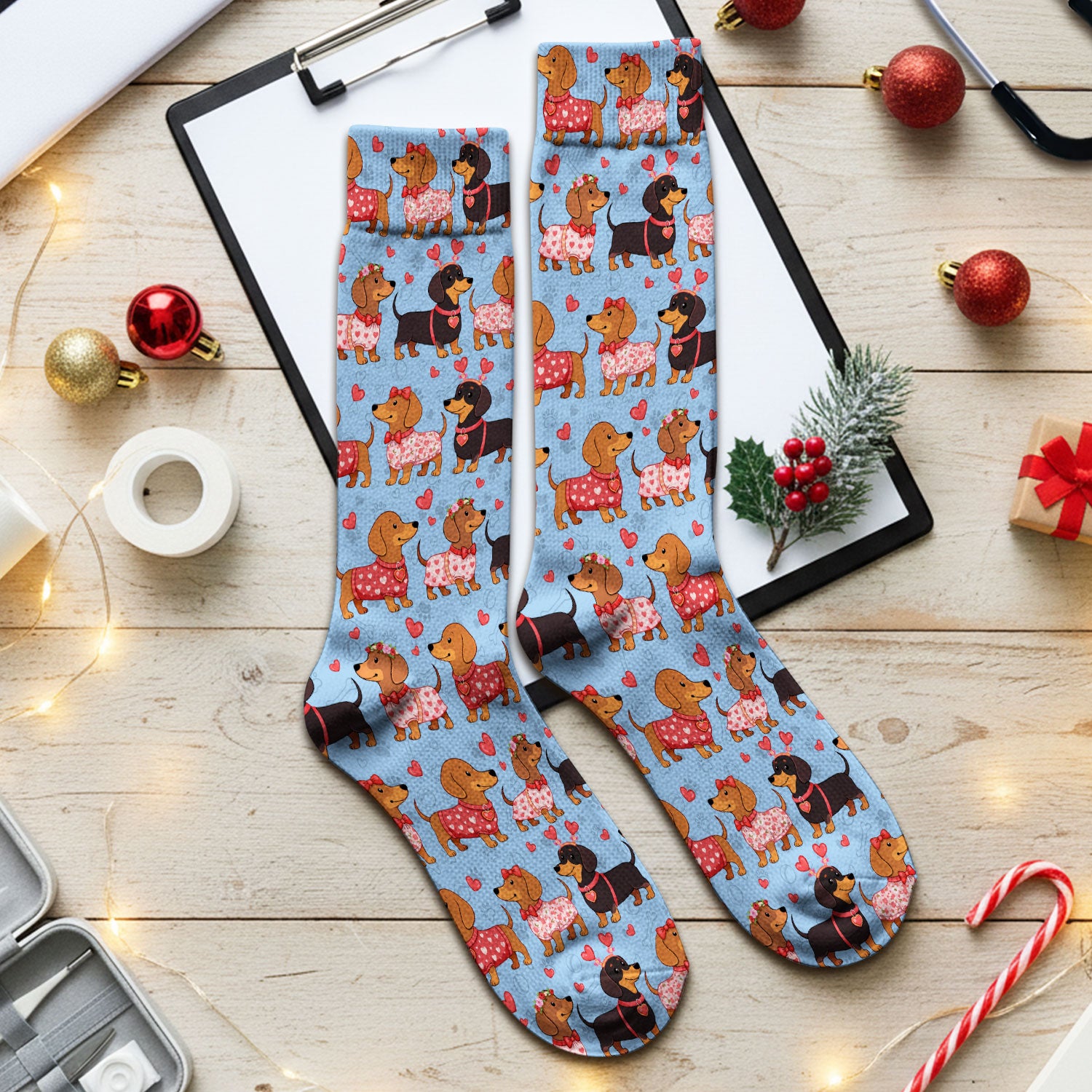 Valentine Dachshund Scrub Socks, Wiener Dog Love Pattern Nurse Sock, Breathable Fabrics Nursing Uniform
