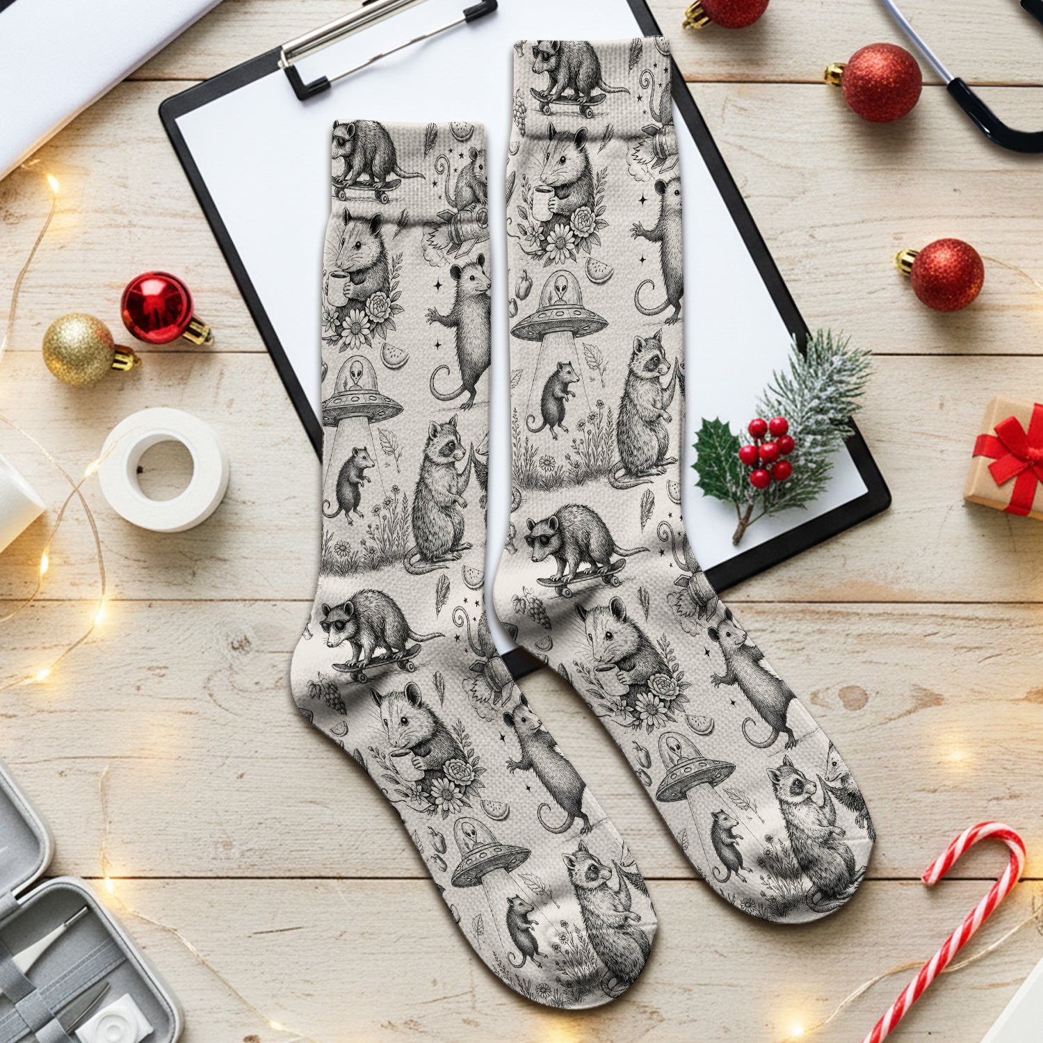 Funny Nurse Vintage Possum Raccoon High Five UFO Pattern Socks, Adult Socks for Men and Women