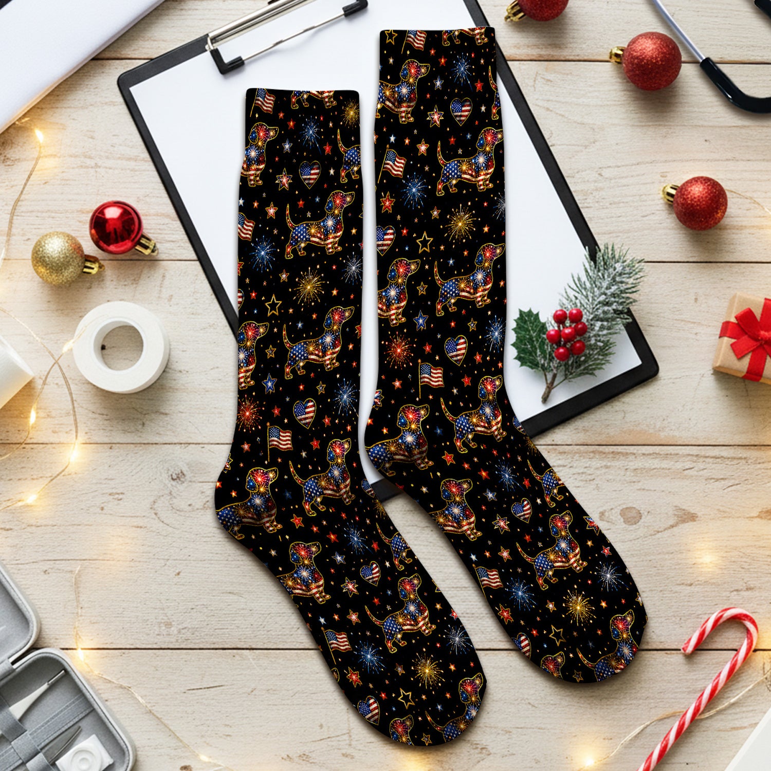 Patriotic Dachshund Nurse for RN & CNA, Fireworks Dog Lover Healthcare Uniform Socks, Adult Socks for Men and Women