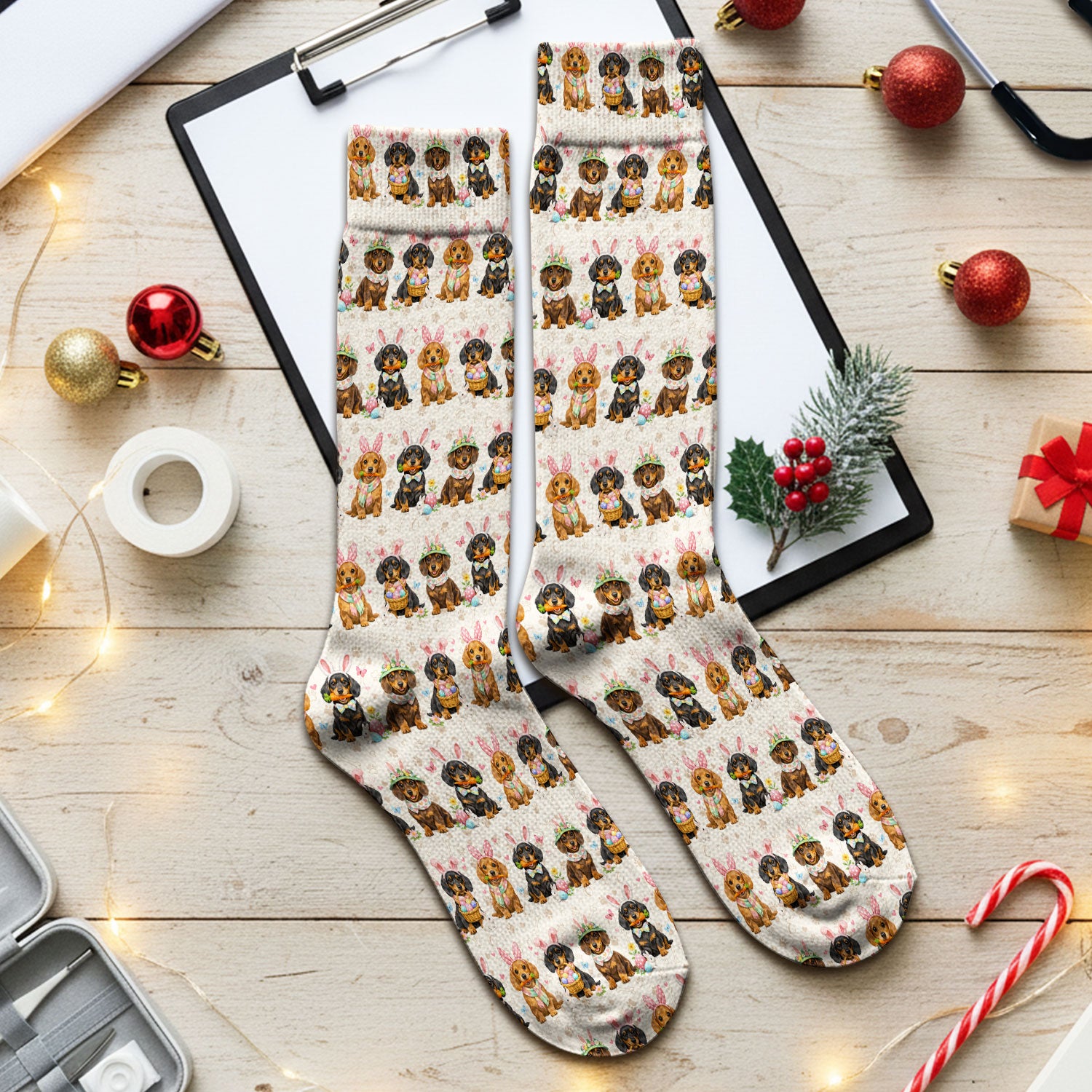 Cute Easter Dachshund Dog Bunny Print Socks, Breathable Fabrics Medical Uniform