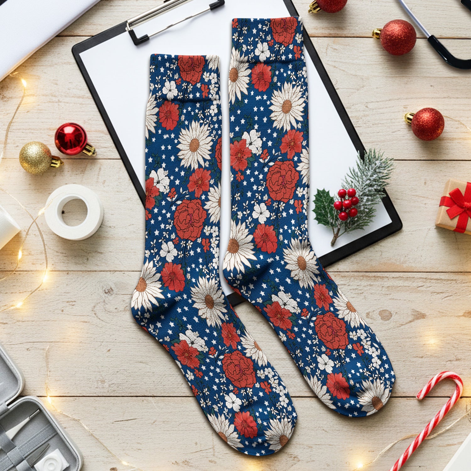 Red White Blue Floral Pattern Socks, Adult Socks for Men and Women