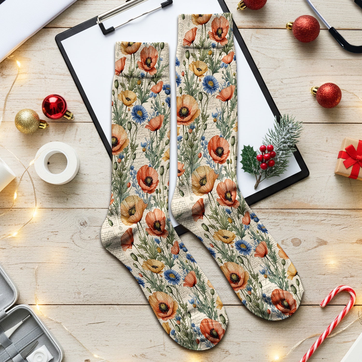 Vintage Poppy Wildflower Script Print Socks, Adult Socks for Men and Women