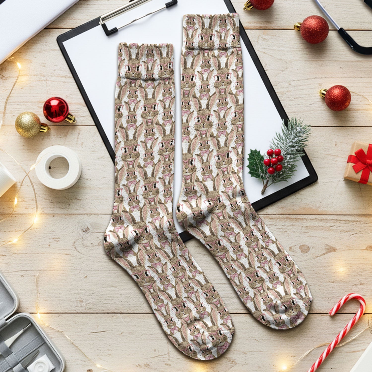 Cute Bunny With Glasses Pattern Socks, Breathable Fabrics Medical Uniform