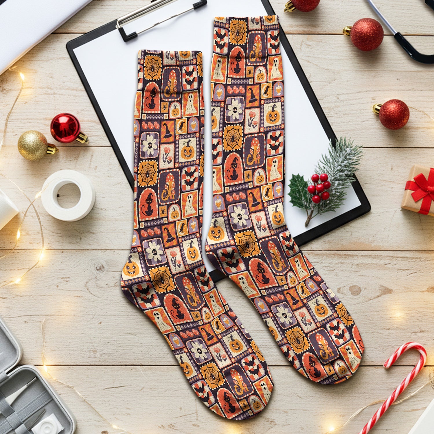 Retro Halloween Patchwork Icons Socks, Adult Socks for Men and Women